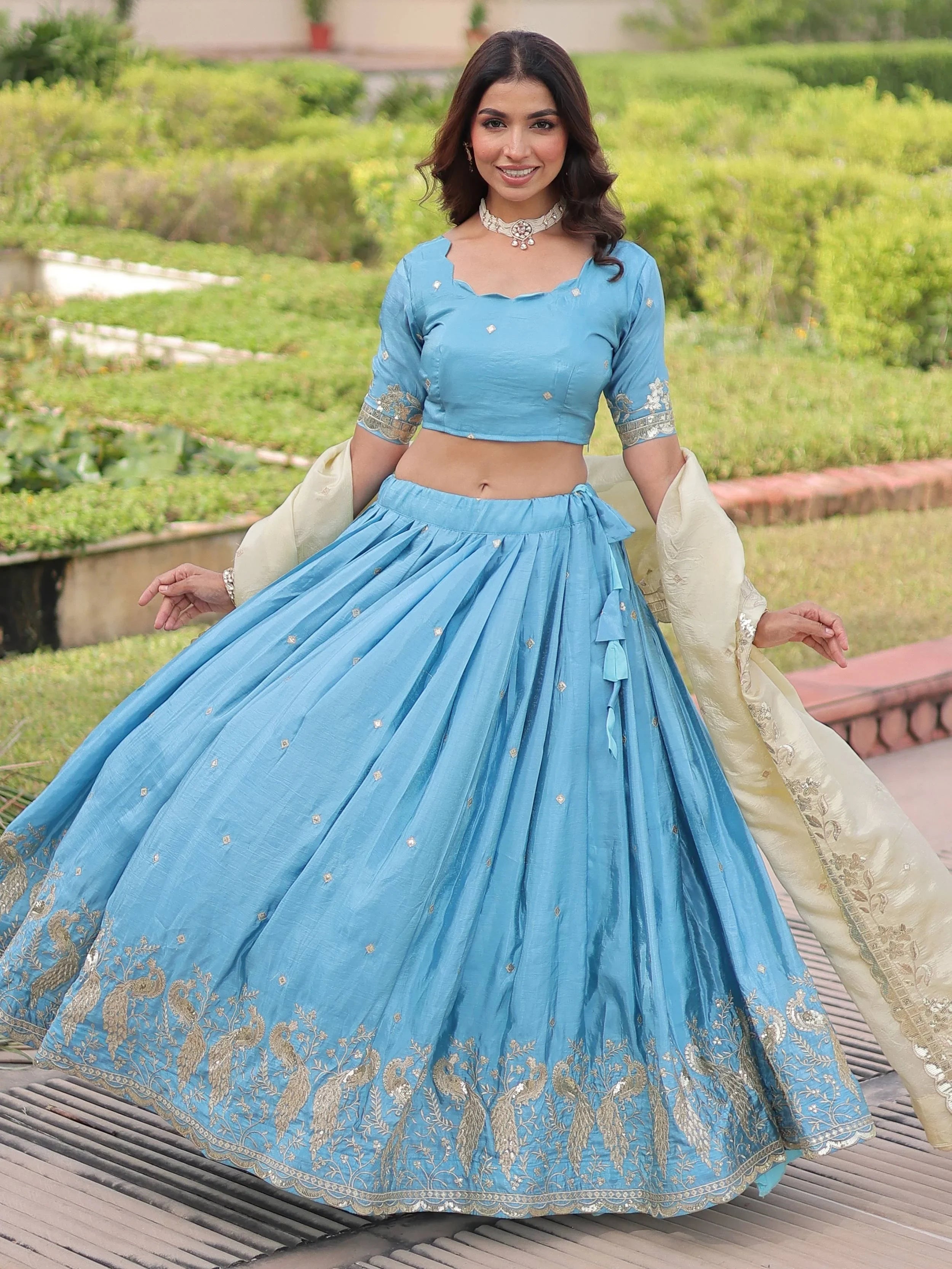 Sky Blue Adorable Zari Embroidered Crushed Wedding Wear Lehenga Choli