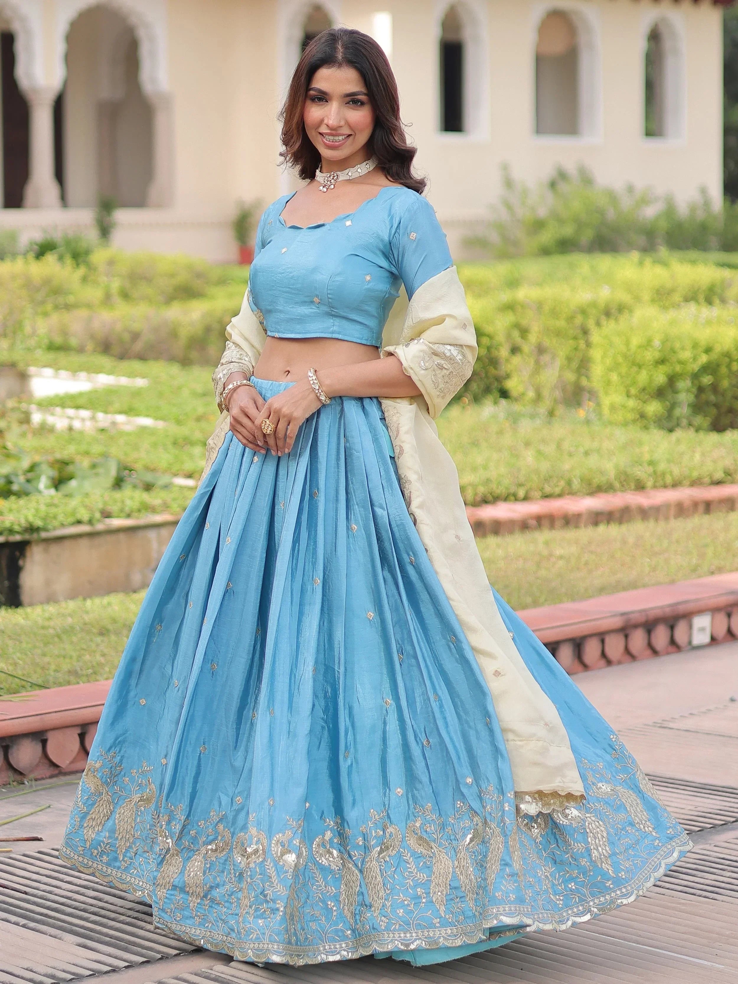 Sky Blue Adorable Zari Embroidered Crushed Wedding Wear Lehenga Choli