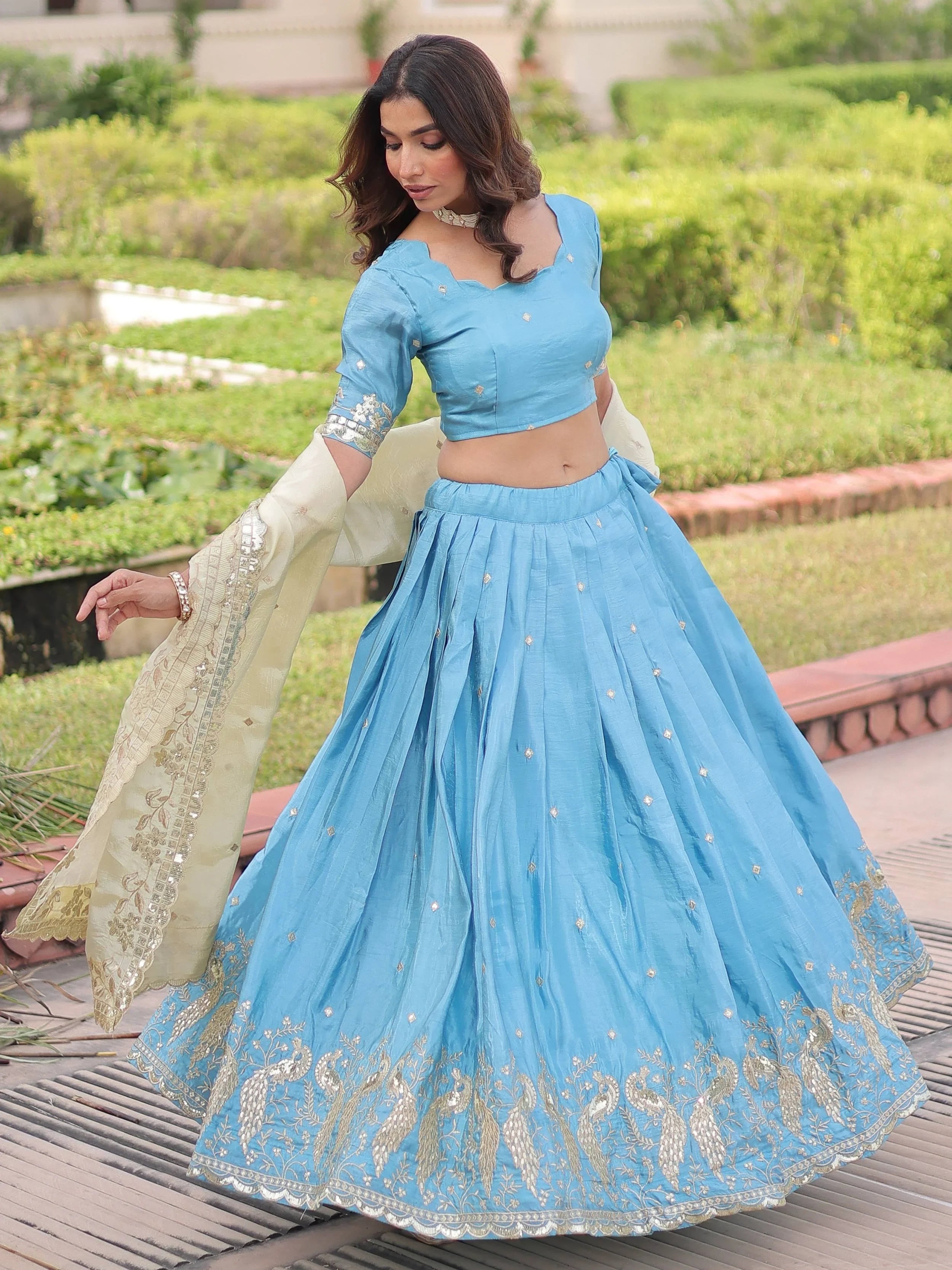 Sky Blue Adorable Zari Embroidered Crushed Wedding Wear Lehenga Choli