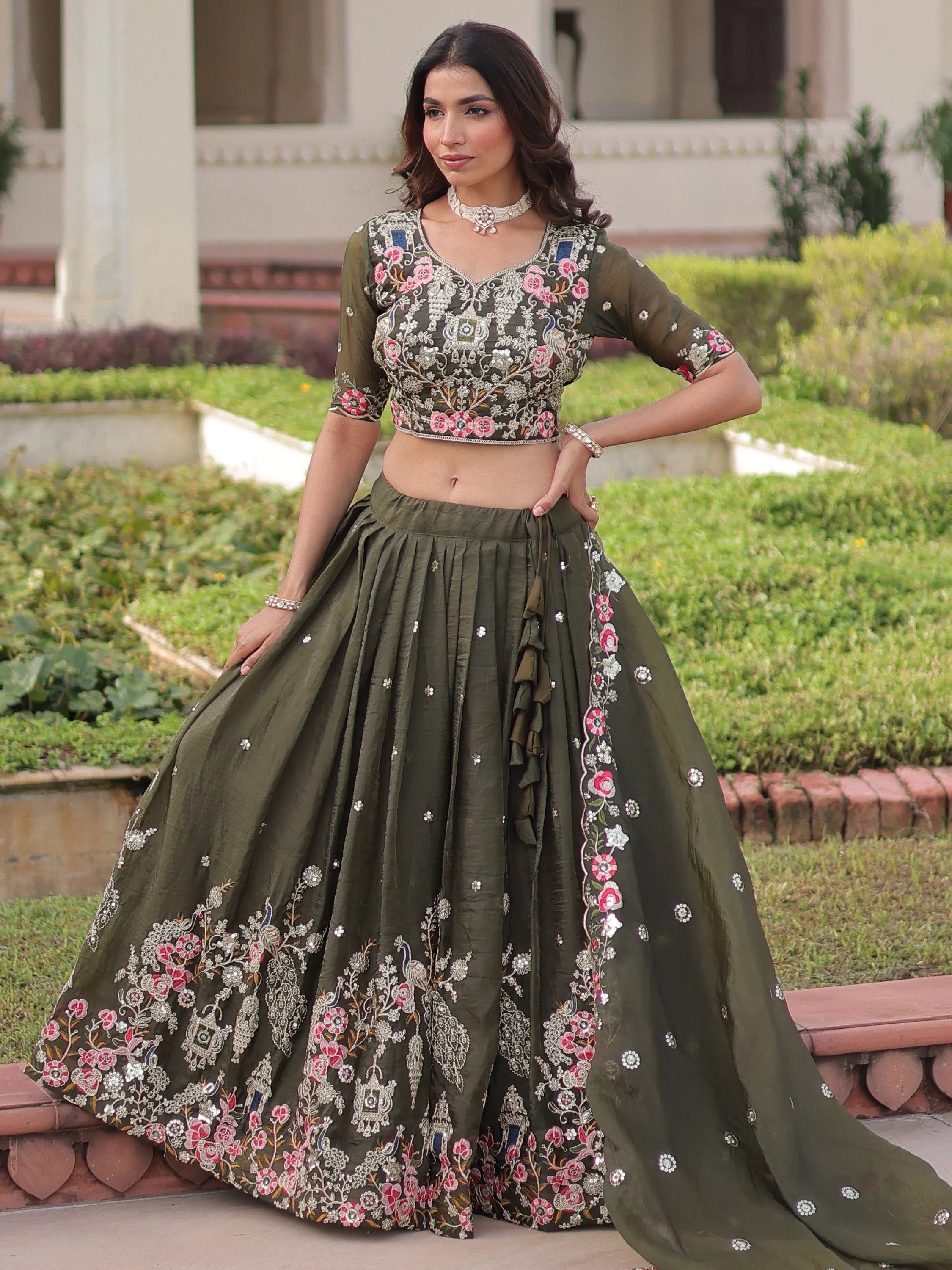 Olive Alluring Codding Work Crushed Evening Wear Lehenga Choli