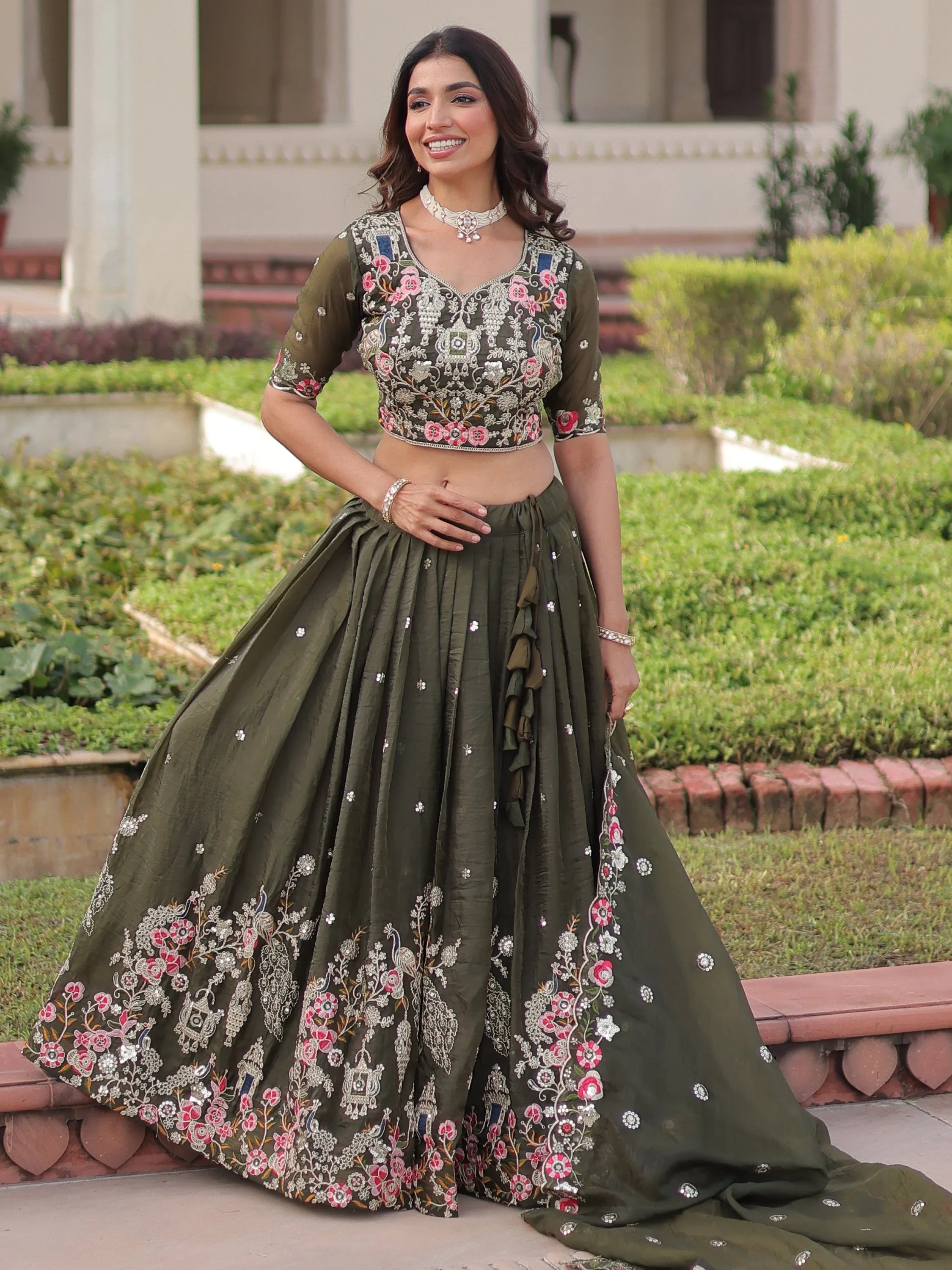 Olive Alluring Codding Work Crushed Evening Wear Lehenga Choli
