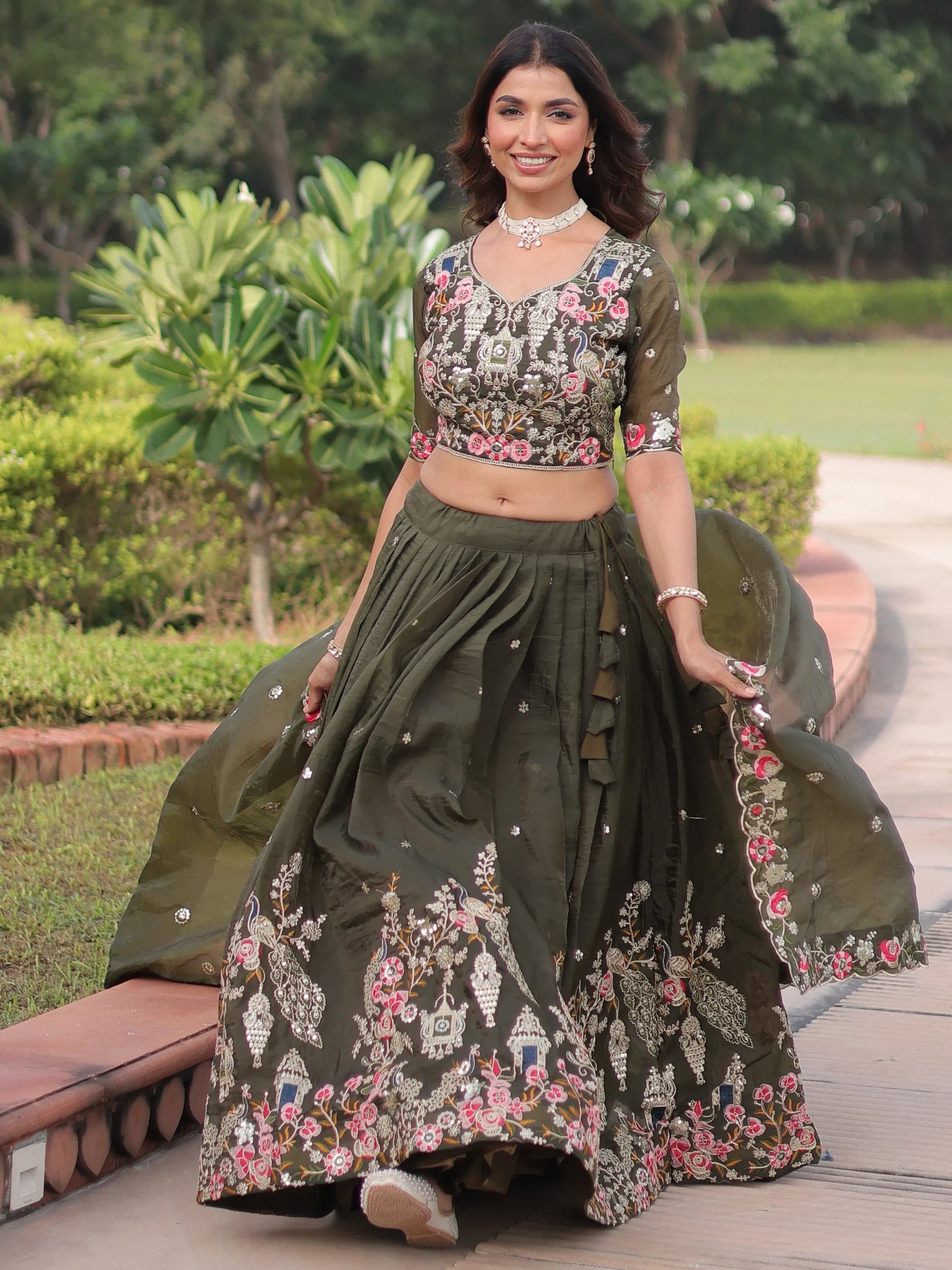 Olive Alluring Codding Work Crushed Evening Wear Lehenga Choli