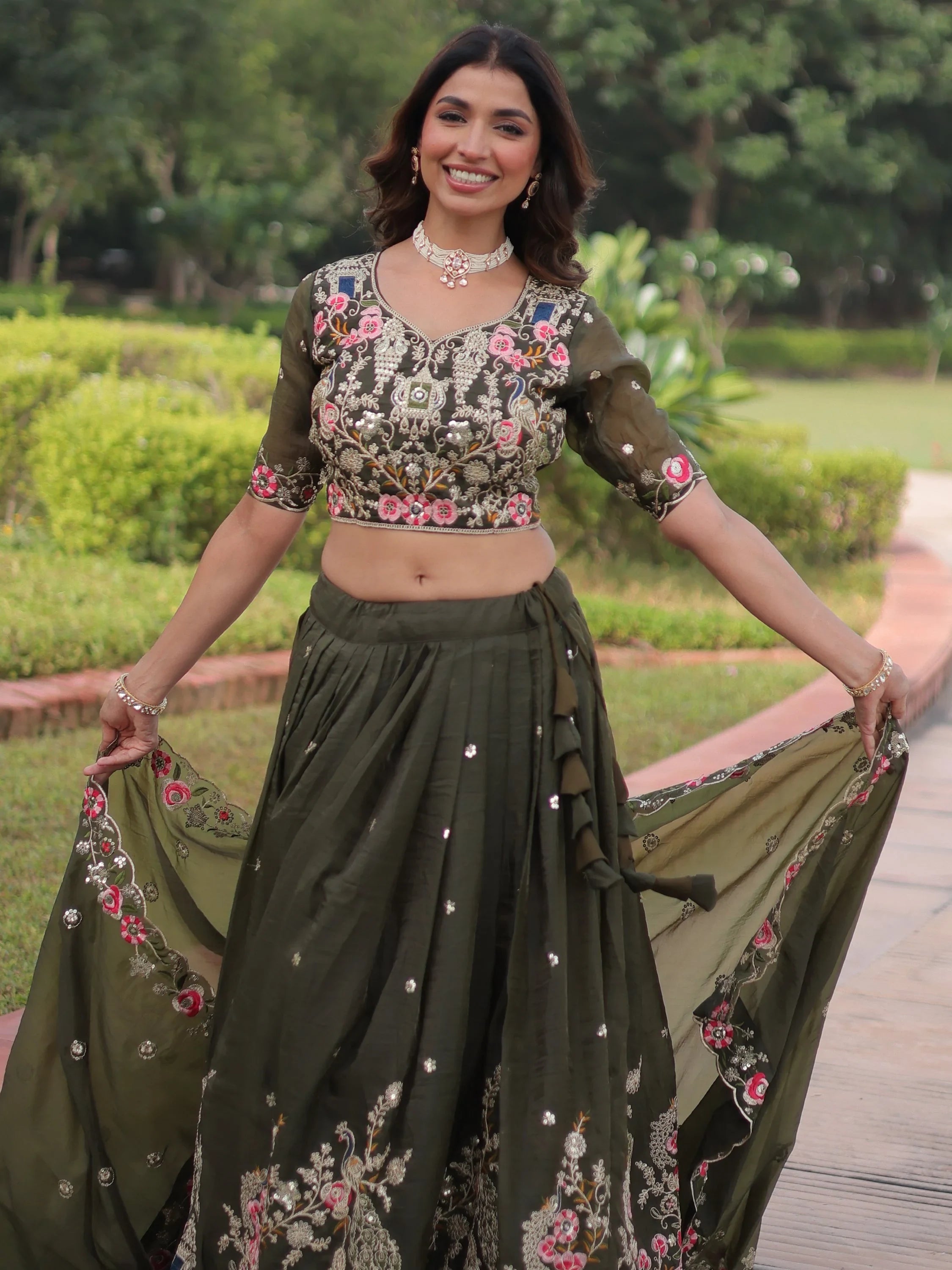 Olive Alluring Codding Work Crushed Evening Wear Lehenga Choli