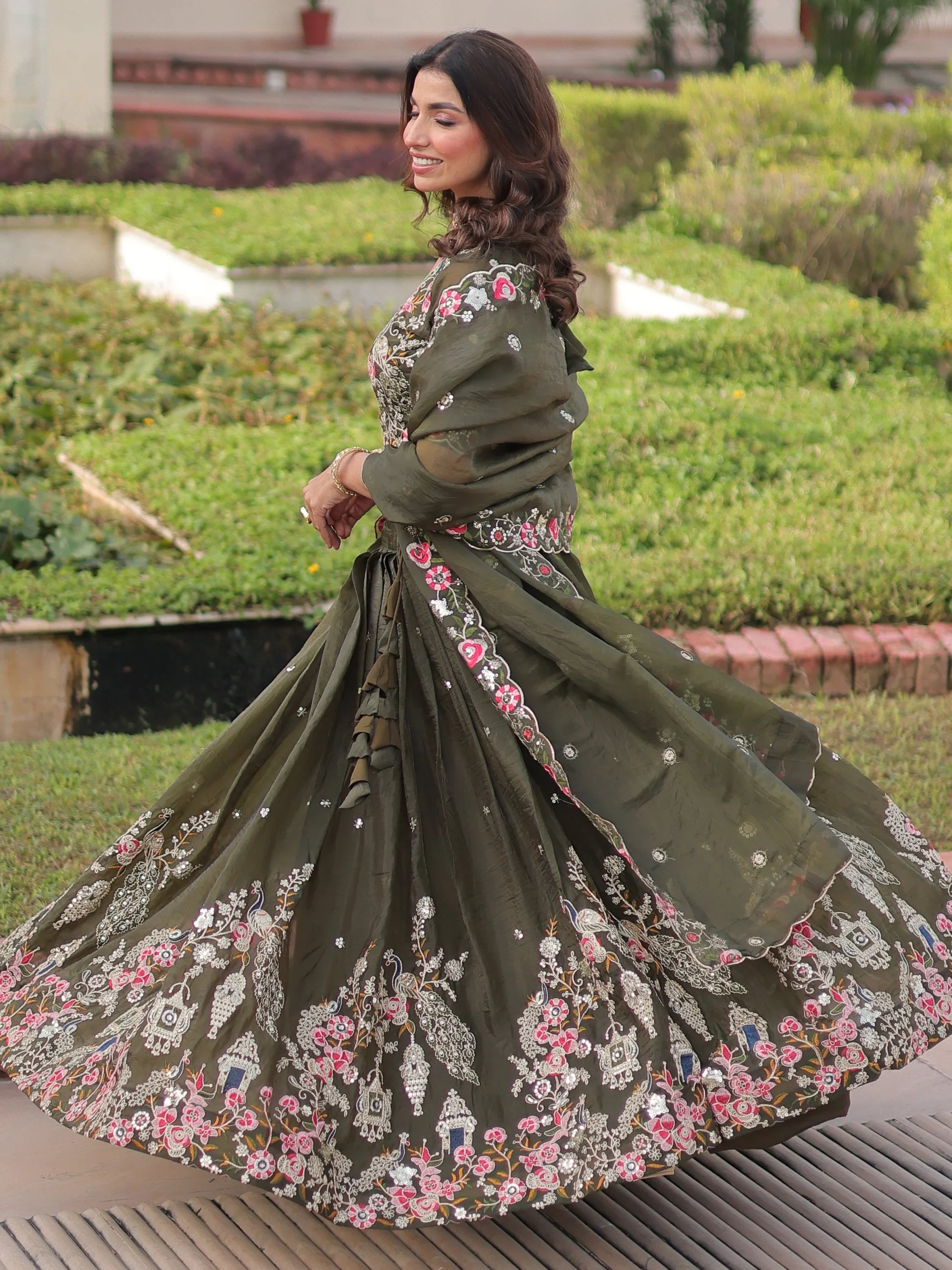 Olive Alluring Codding Work Crushed Evening Wear Lehenga Choli