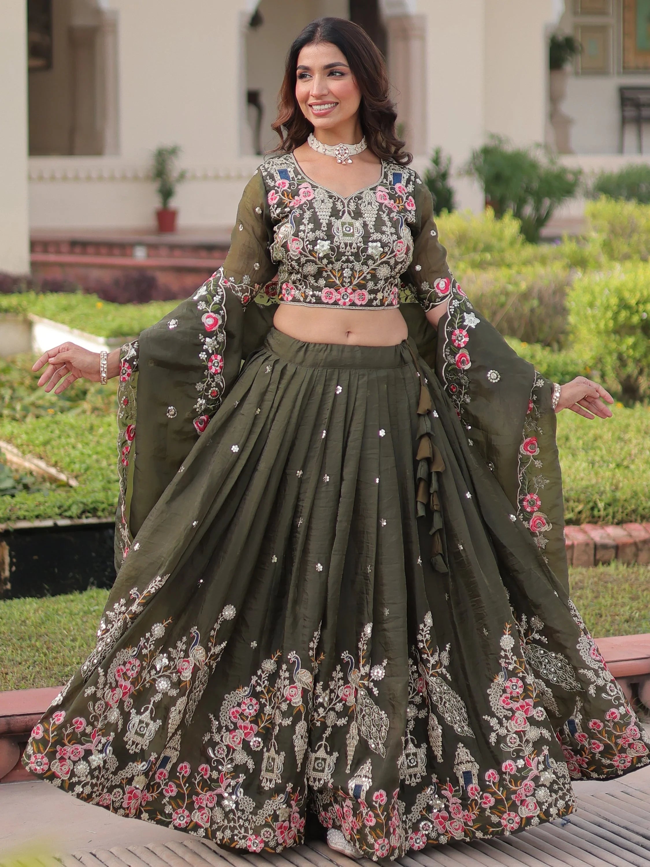 Olive Alluring Codding Work Crushed Evening Wear Lehenga Choli