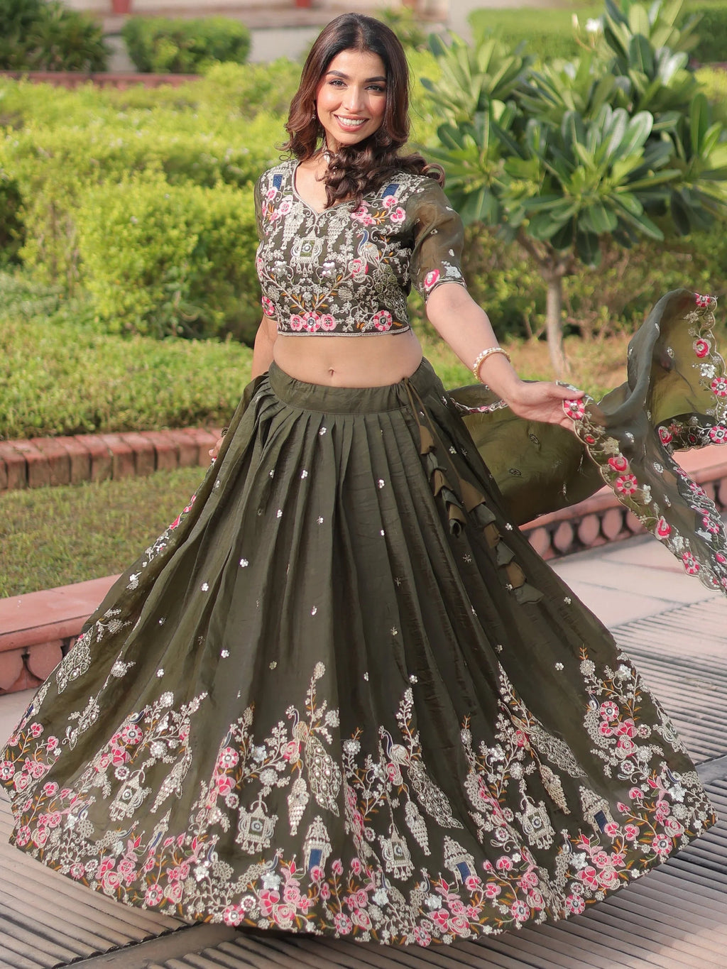 Olive Alluring Codding Work Crushed Evening Wear Lehenga Choli