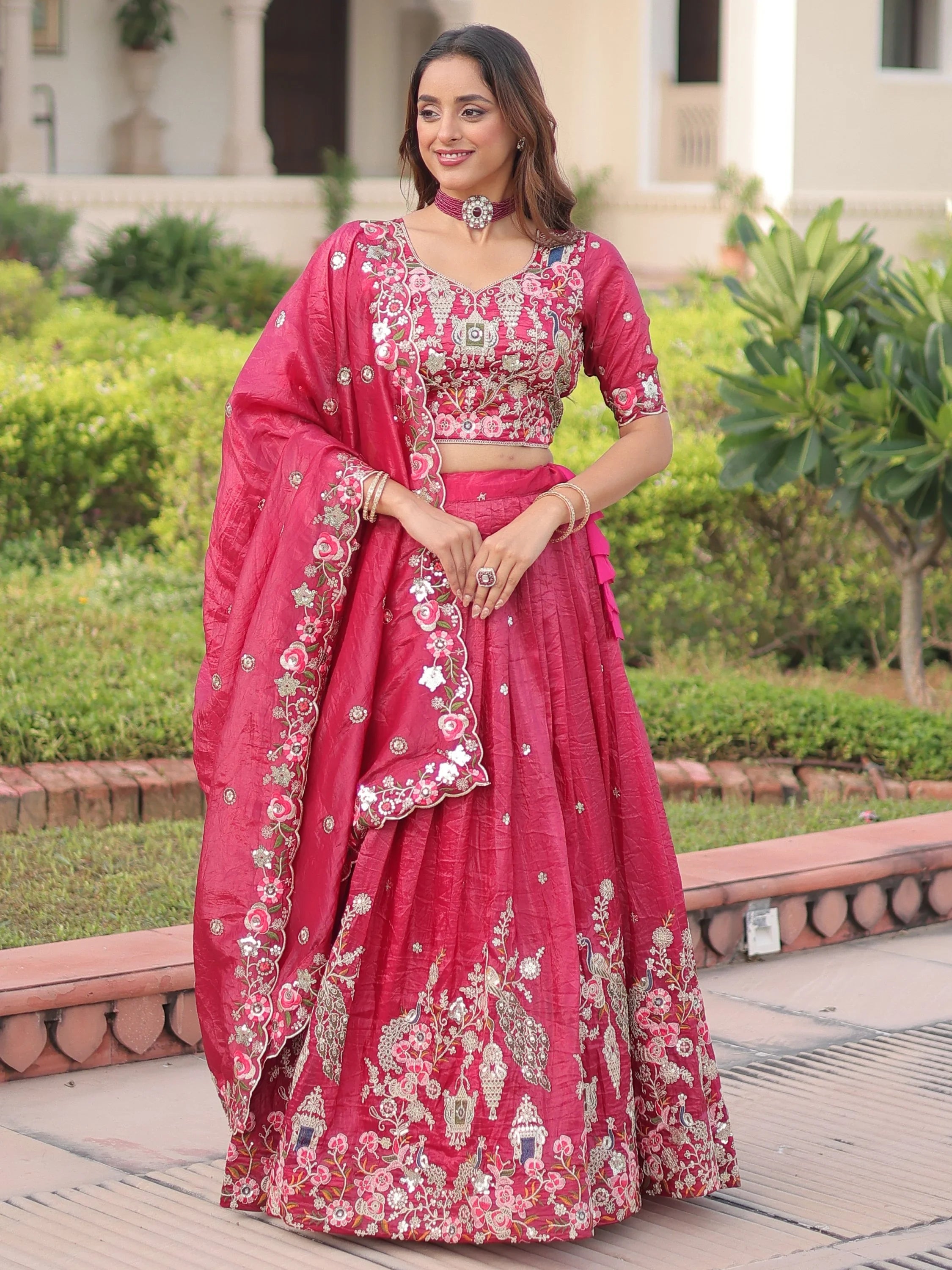 Pink Alluring Codding Work Crushed Evening Wear Lehenga Choli
