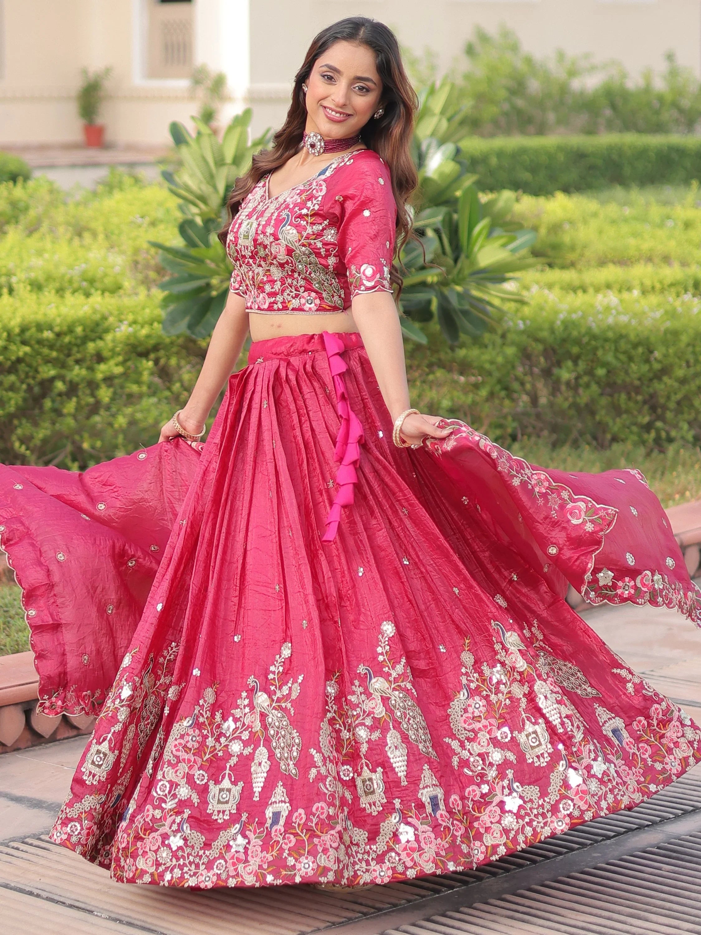 Pink Alluring Codding Work Crushed Evening Wear Lehenga Choli