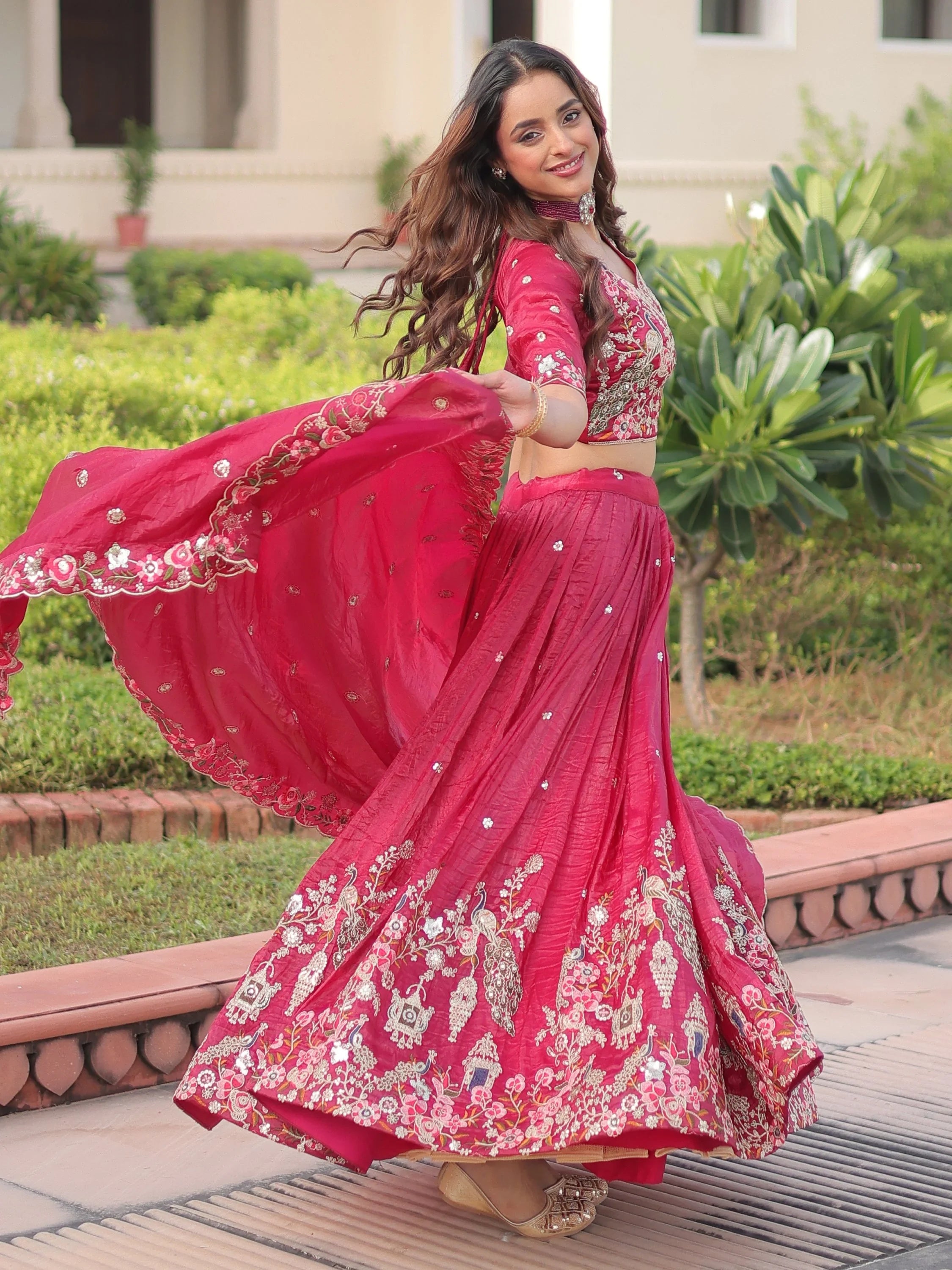 Pink Alluring Codding Work Crushed Evening Wear Lehenga Choli