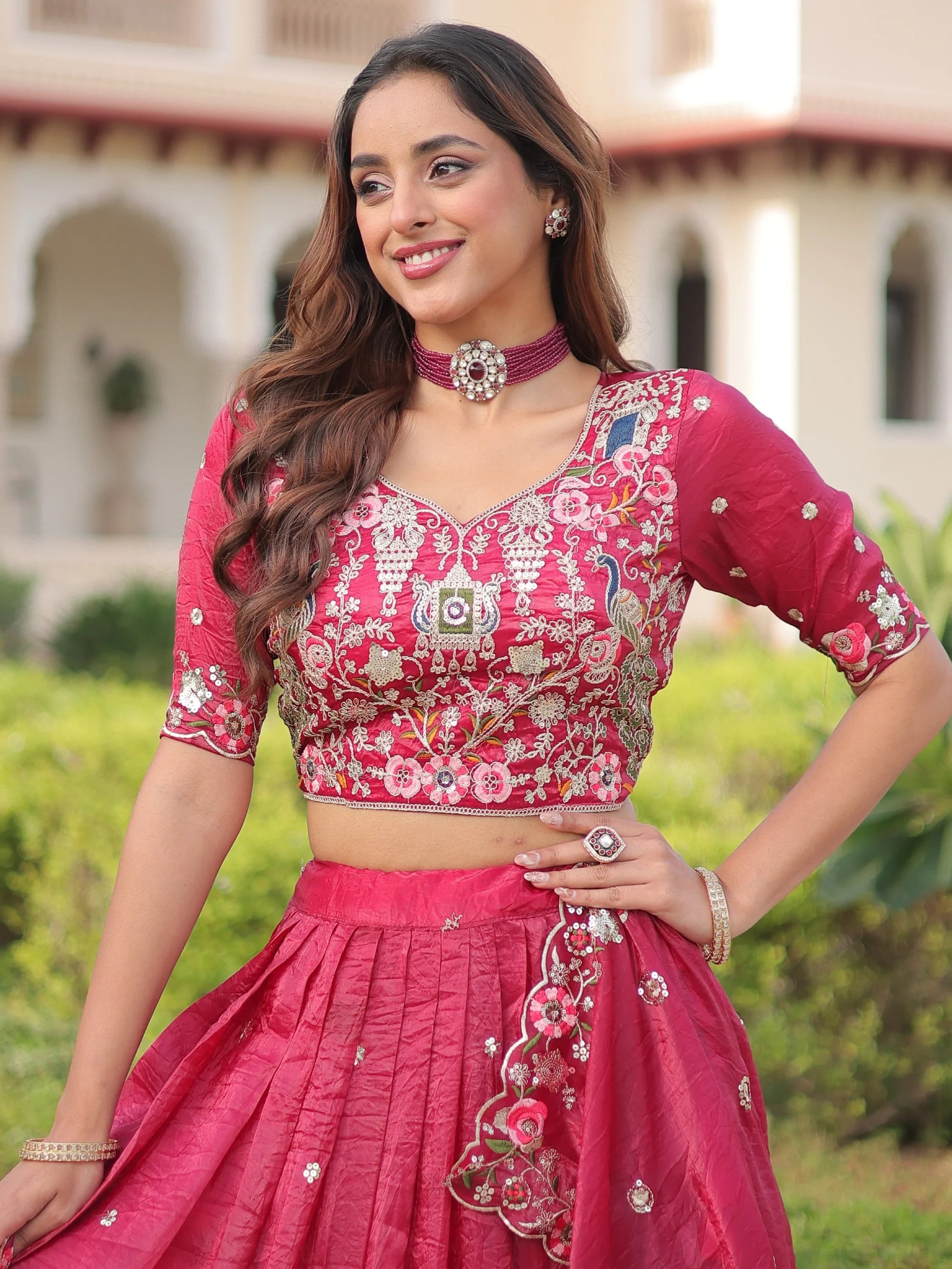 Pink Alluring Codding Work Crushed Evening Wear Lehenga Choli