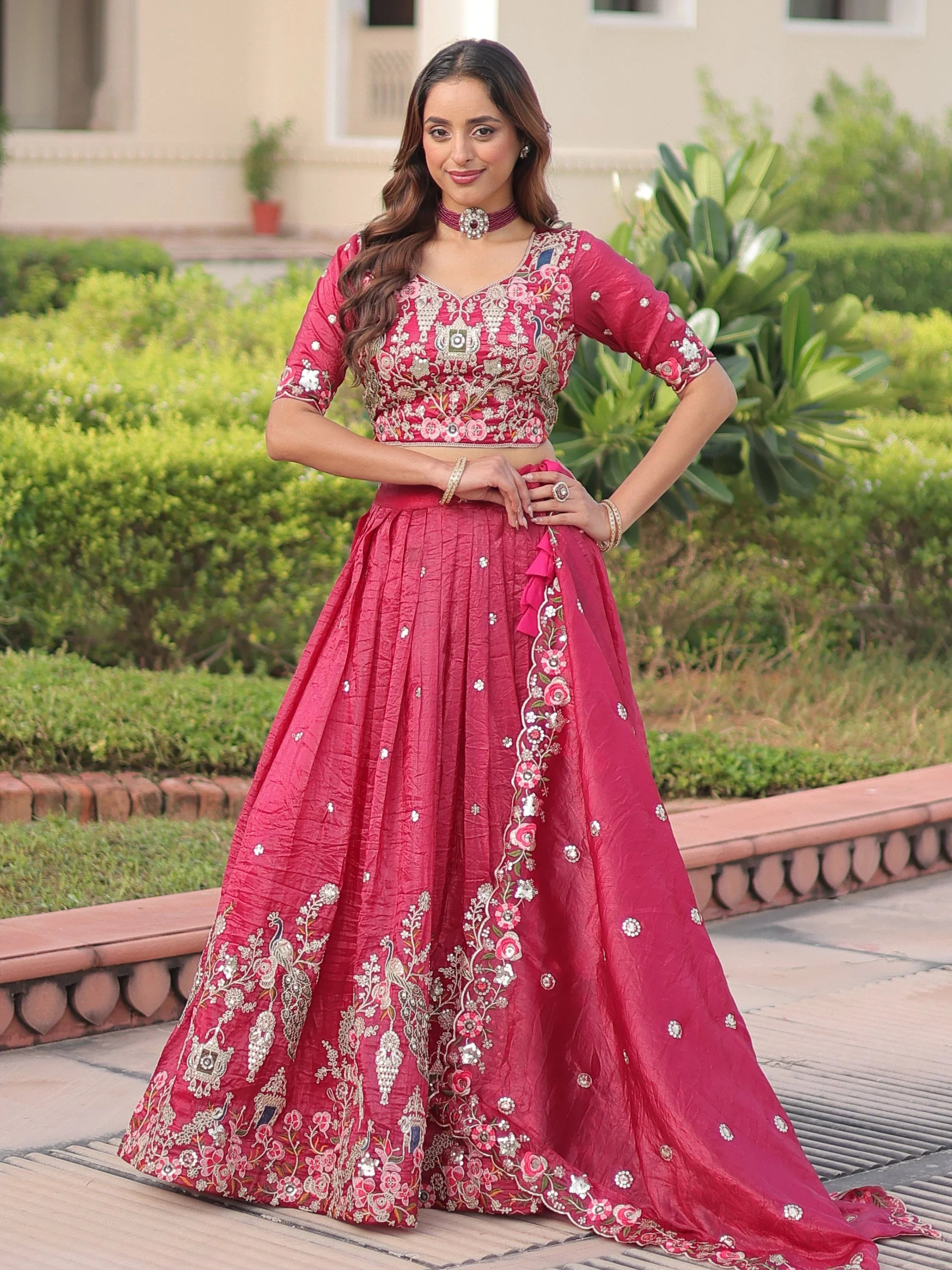 Pink Alluring Codding Work Crushed Evening Wear Lehenga Choli