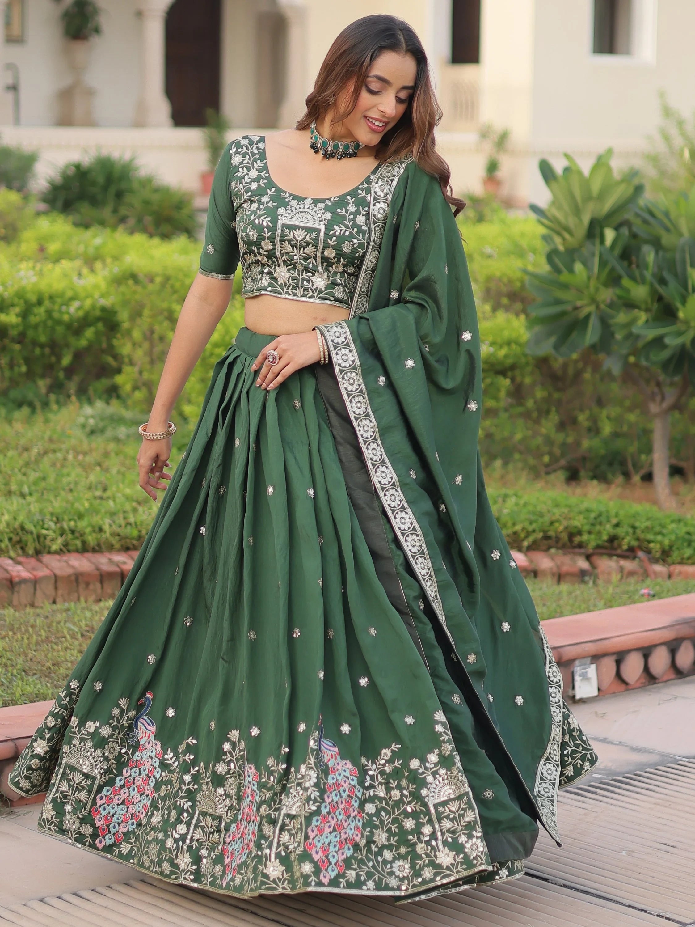 Exclusive Green Zari Work Silk Mehendi Wear Lehenga Choli With Dupatta