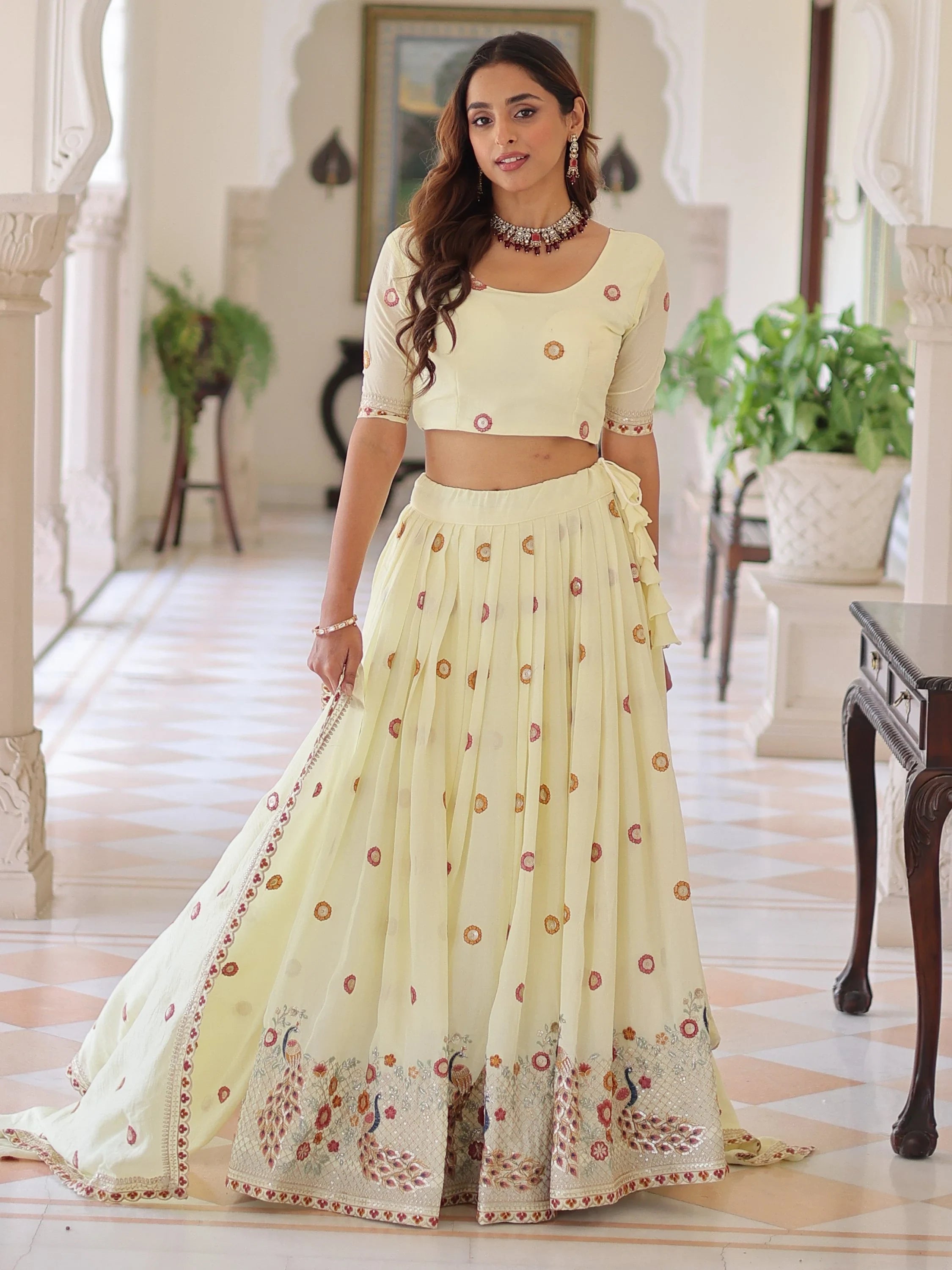 Striking Cream Multi Thread Work Silk Lehenga With Blouse