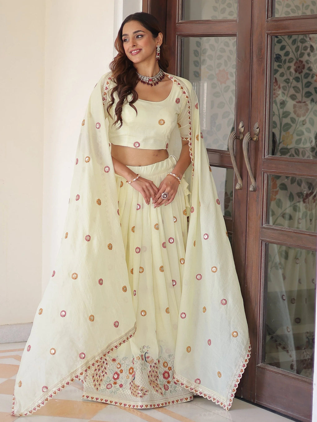 Striking Cream Multi Thread Work Silk Lehenga With Blouse