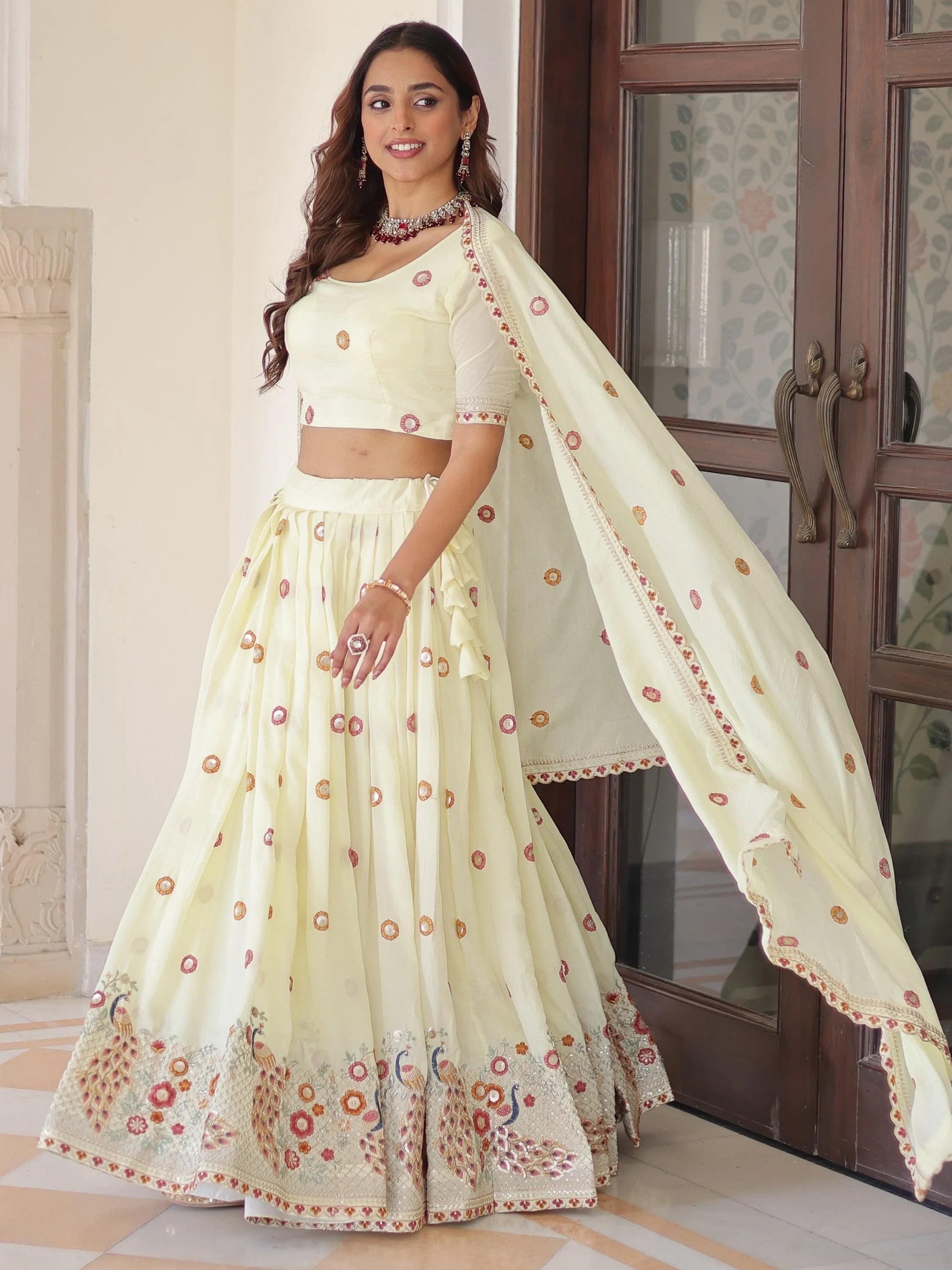 Striking Cream Multi Thread Work Silk Lehenga With Blouse