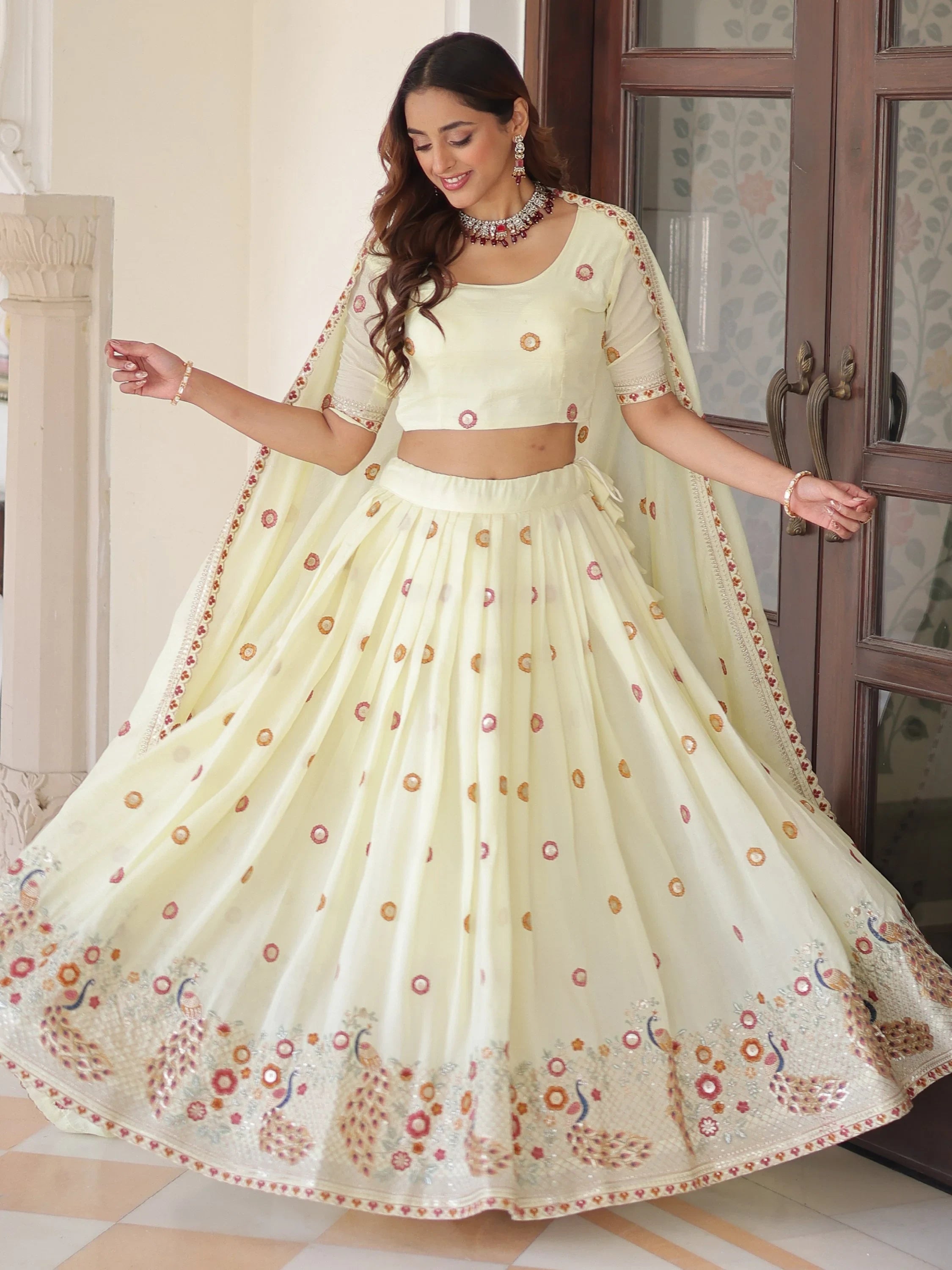 Striking Cream Multi Thread Work Silk Lehenga With Blouse