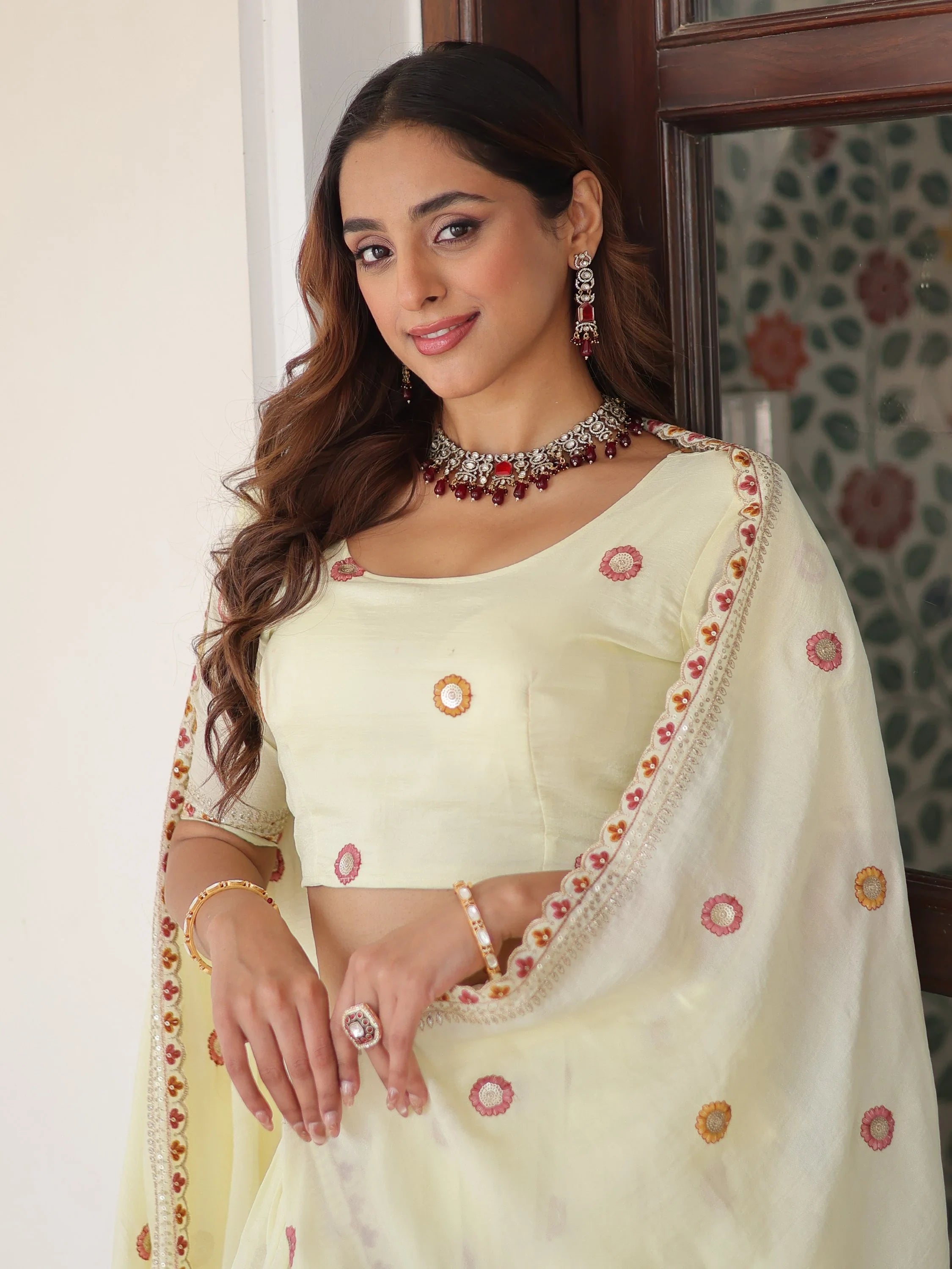 Striking Cream Multi Thread Work Silk Lehenga With Blouse