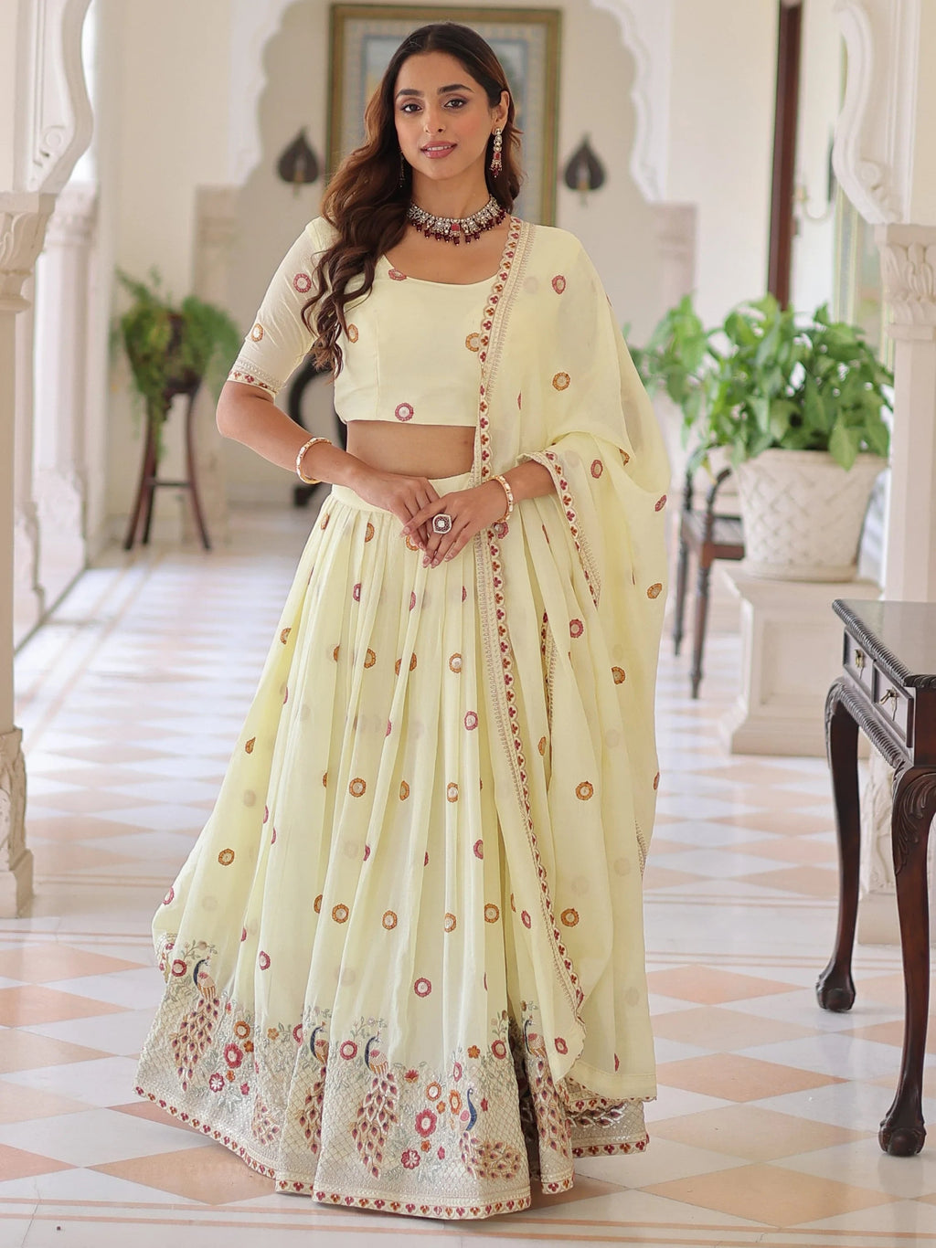 Striking Cream Multi Thread Work Silk Lehenga With Blouse