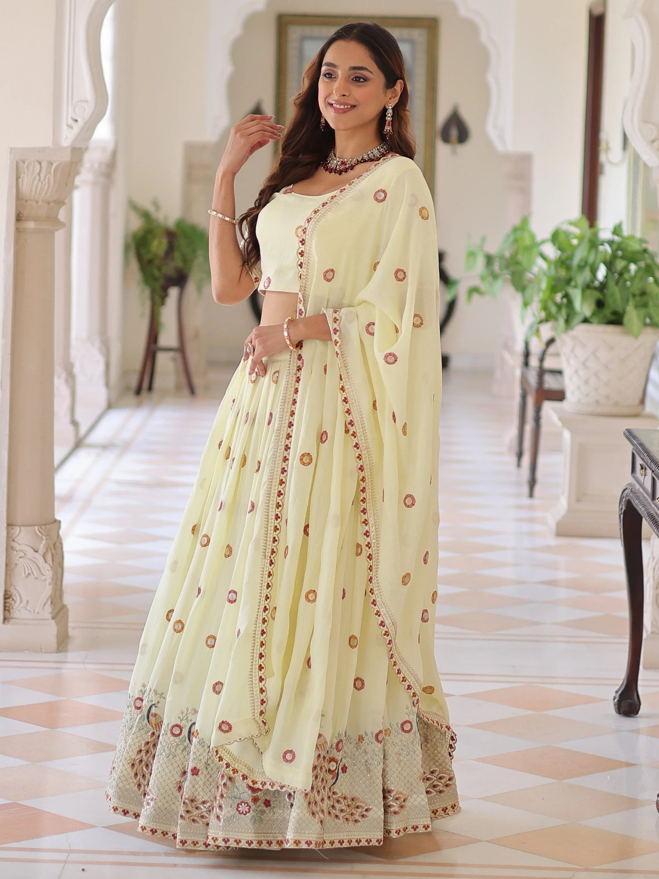 Striking Cream Multi Thread Work Silk Lehenga With Blouse