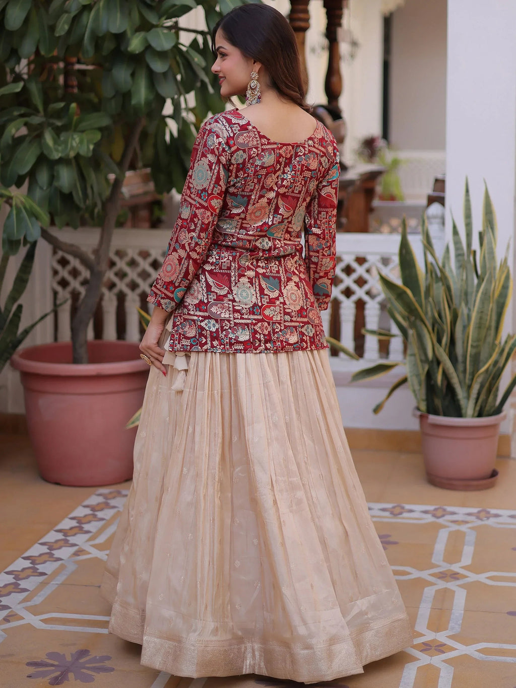 Maroon Great Zari Weaving Festival Wear Lehenga With Peplum Top