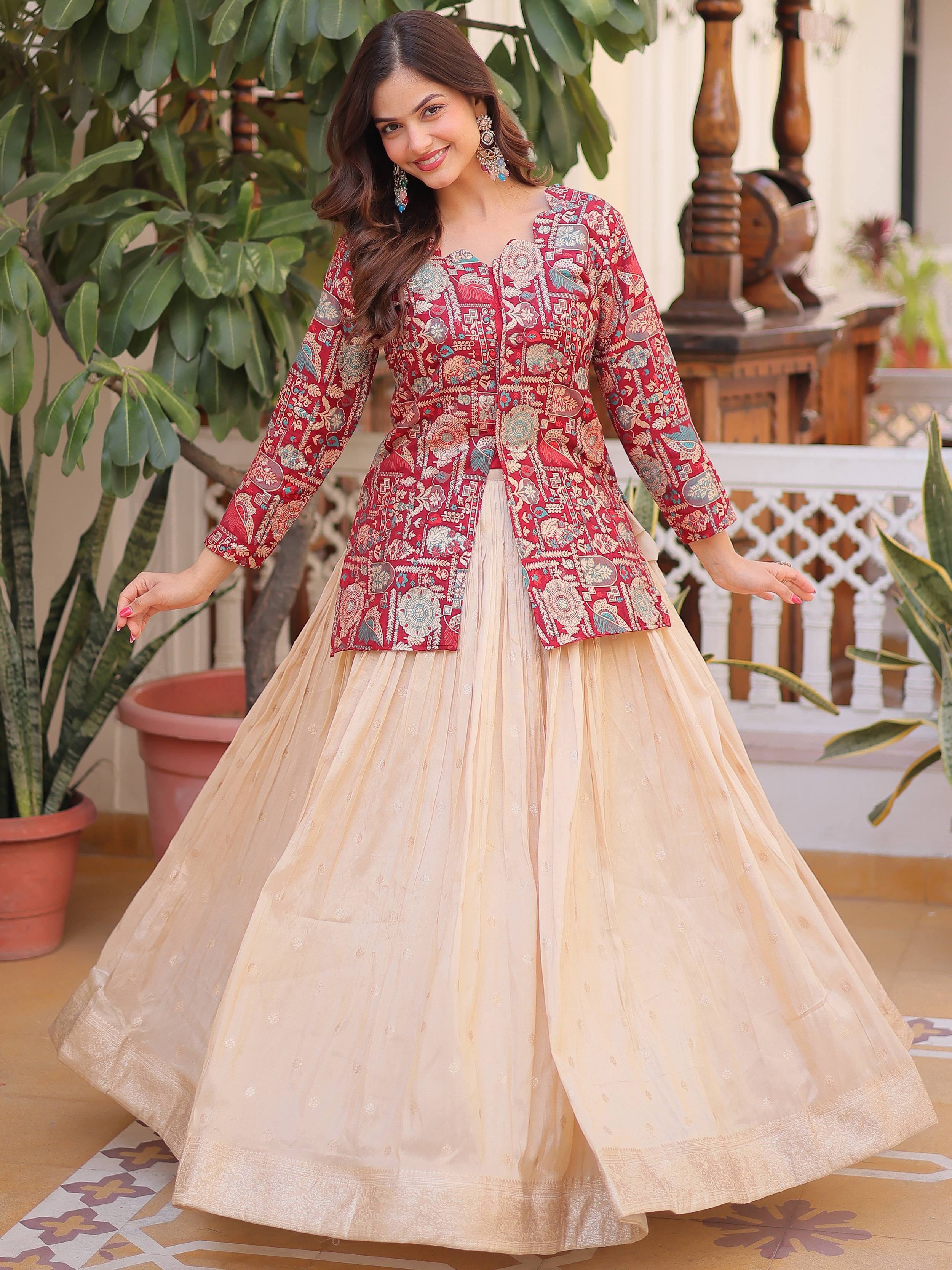 Maroon Great Zari Weaving Festival Wear Lehenga With Peplum Top