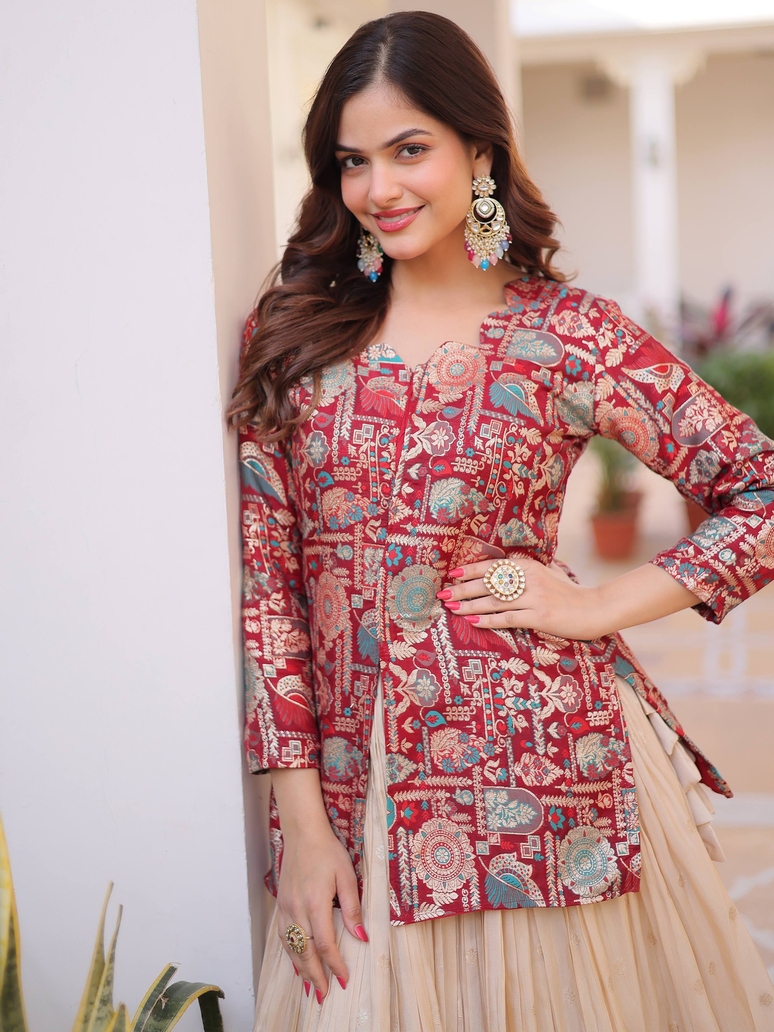 Maroon Great Zari Weaving Festival Wear Lehenga With Peplum Top