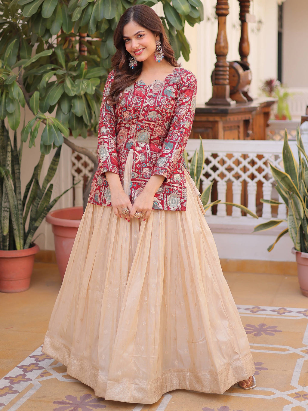Maroon Great Zari Weaving Festival Wear Lehenga With Peplum Top