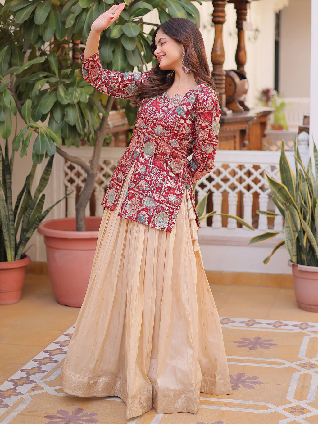 Maroon Great Zari Weaving Festival Wear Lehenga With Peplum Top