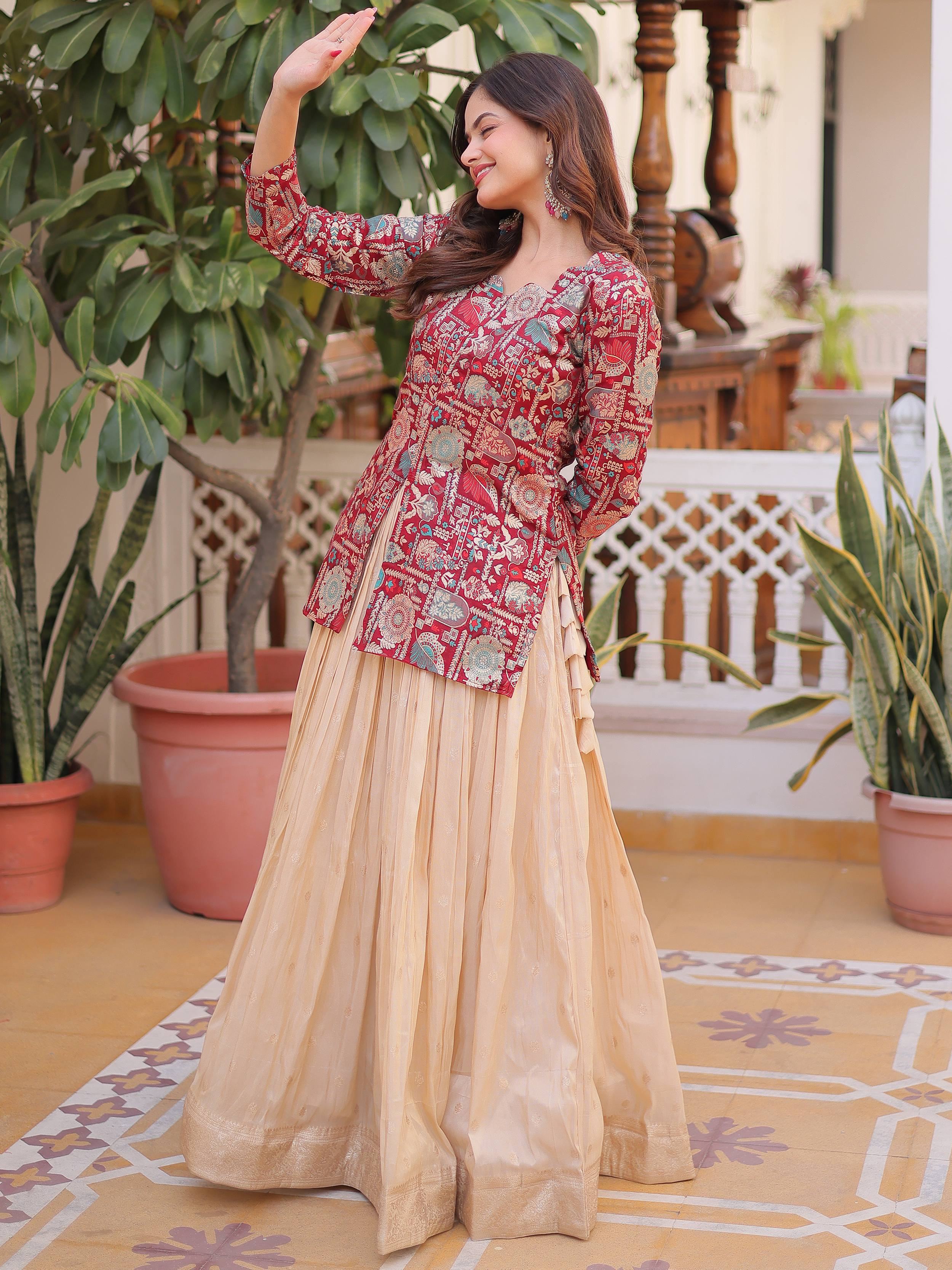 Maroon Great Zari Weaving Festival Wear Lehenga With Peplum Top