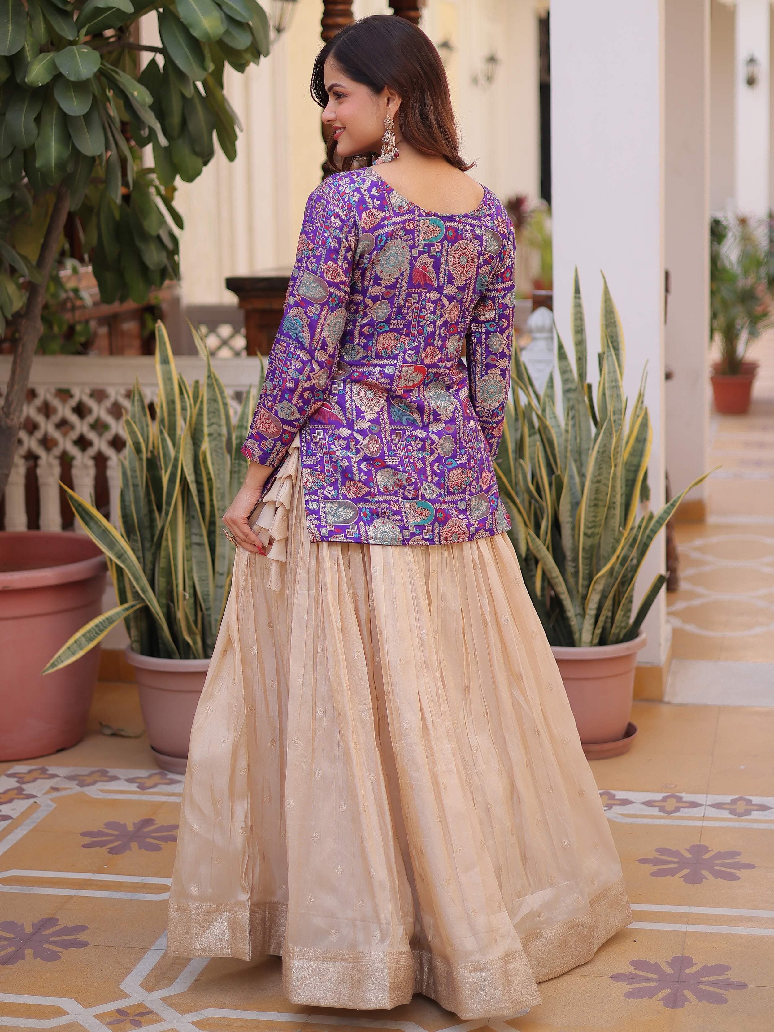 Purple Great Zari Weaving Festival Wear Lehenga With Peplum Top