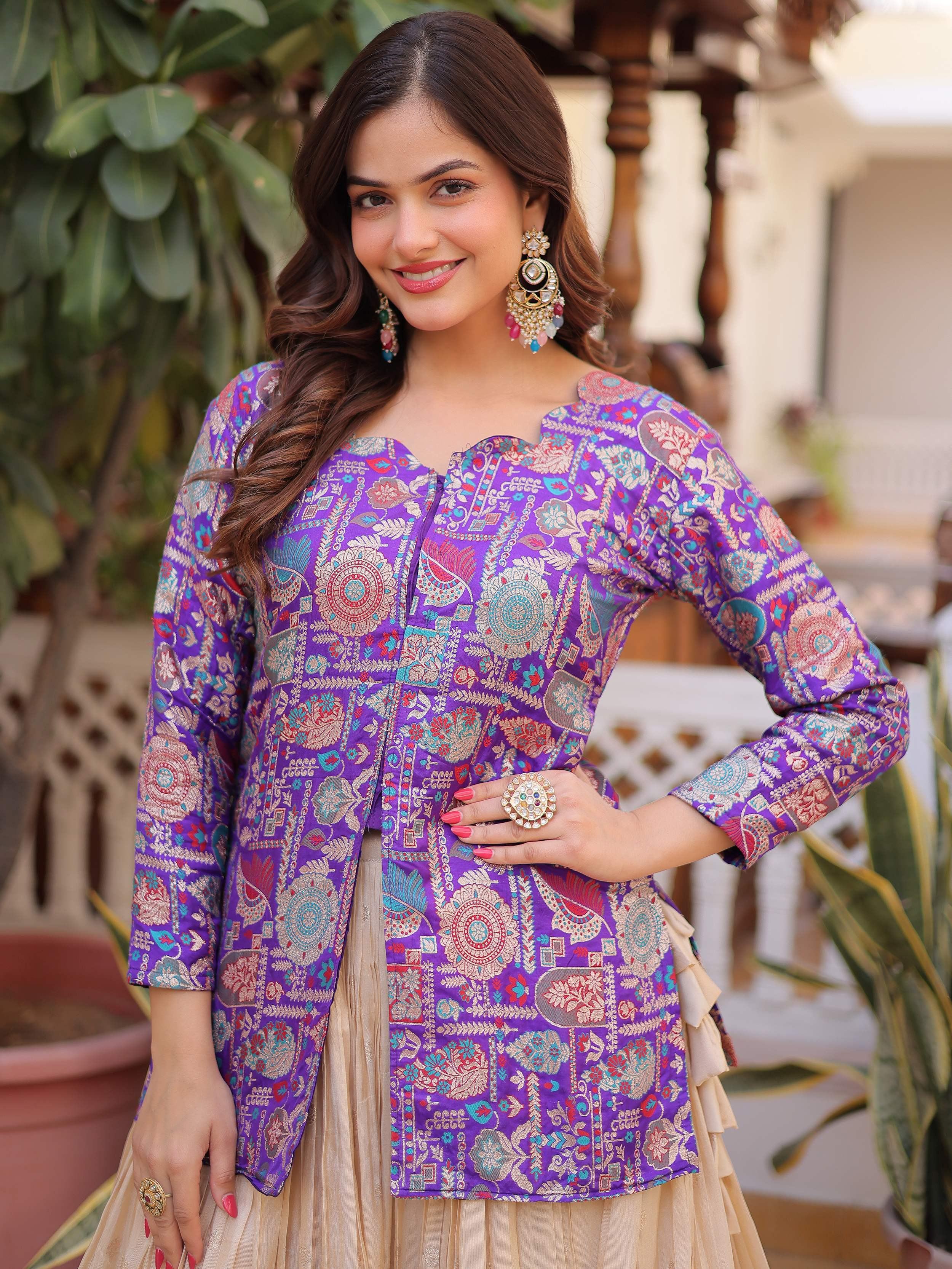Purple Great Zari Weaving Festival Wear Lehenga With Peplum Top