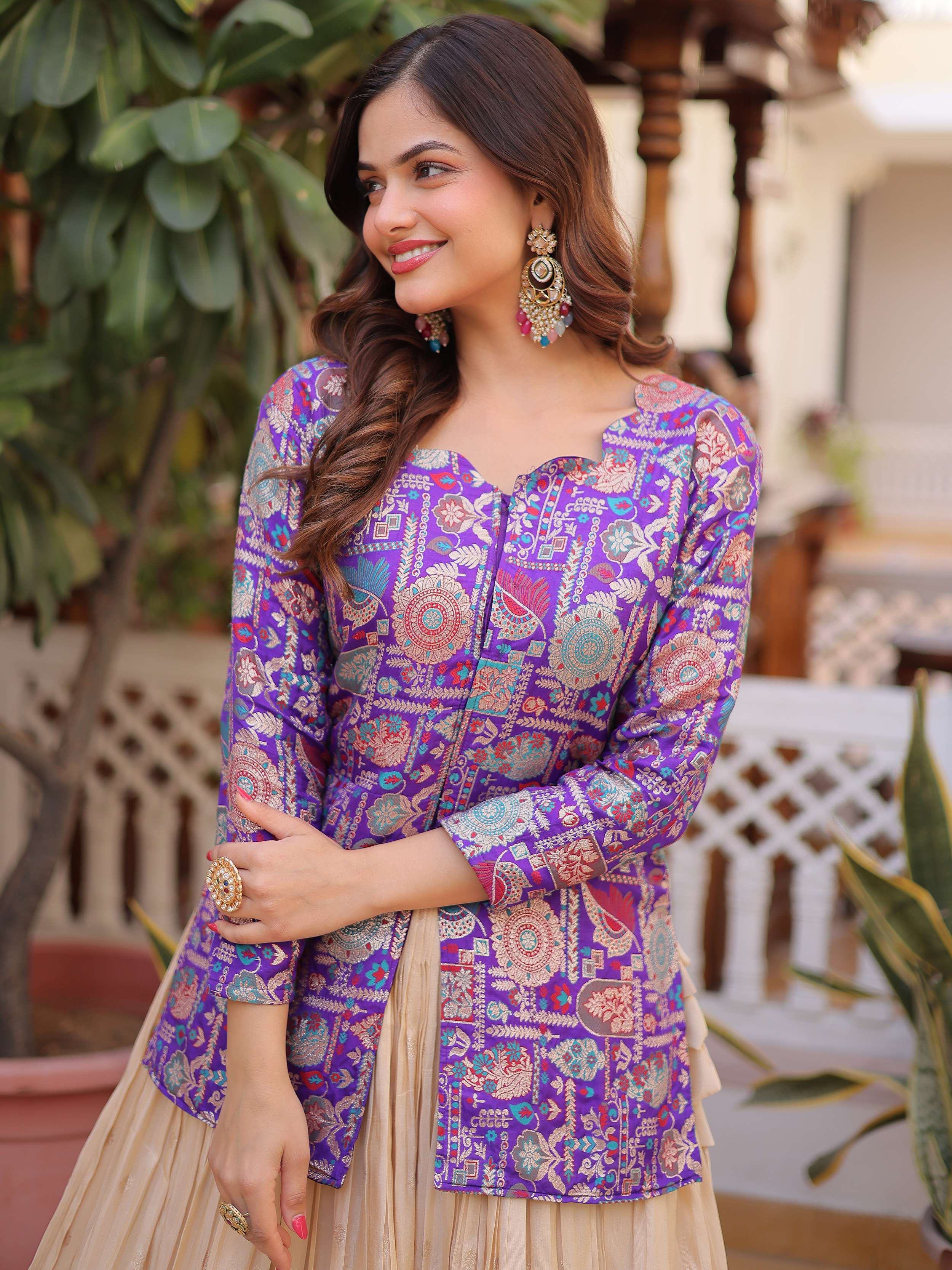 Purple Great Zari Weaving Festival Wear Lehenga With Peplum Top
