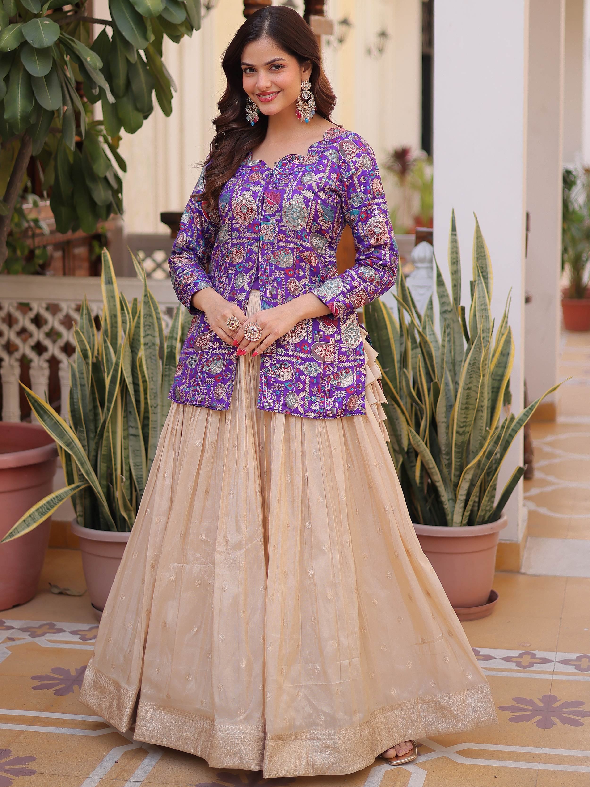 Purple Great Zari Weaving Festival Wear Lehenga With Peplum Top