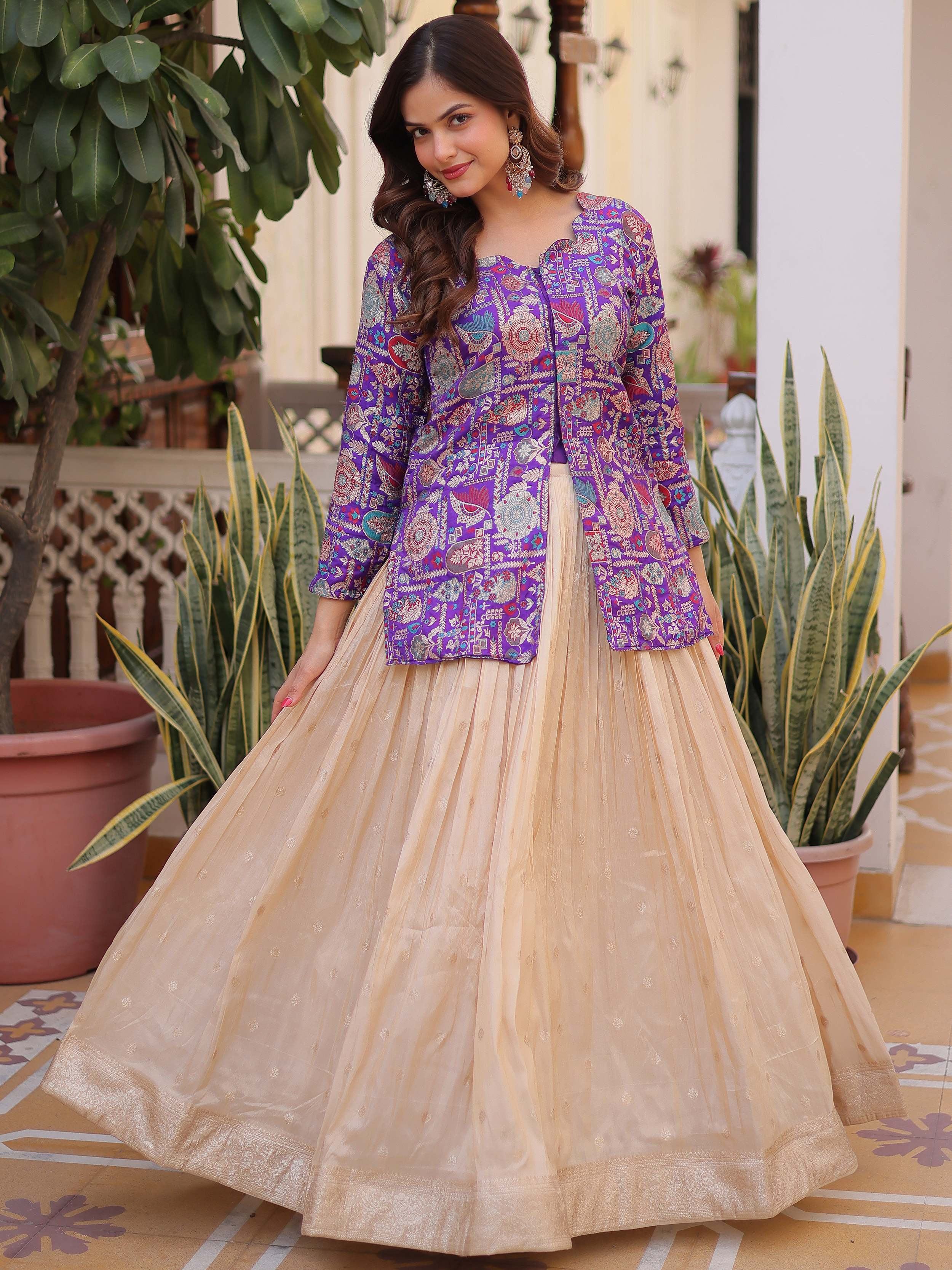 Purple Great Zari Weaving Festival Wear Lehenga With Peplum Top