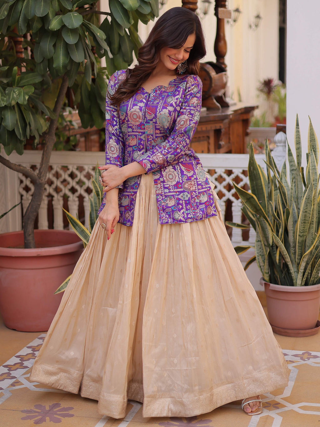 Purple Great Zari Weaving Festival Wear Lehenga With Peplum Top