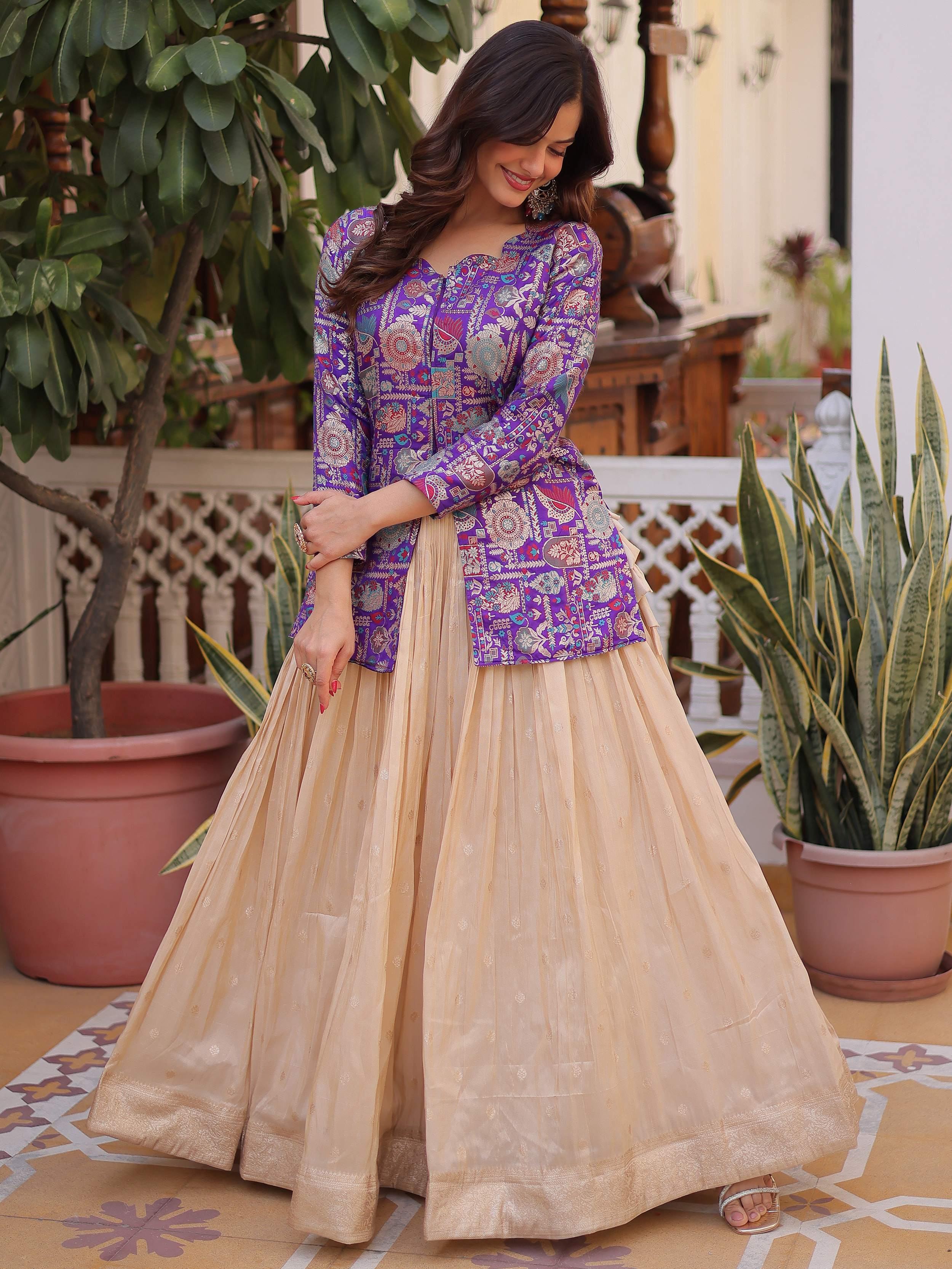 Purple Great Zari Weaving Festival Wear Lehenga With Peplum Top