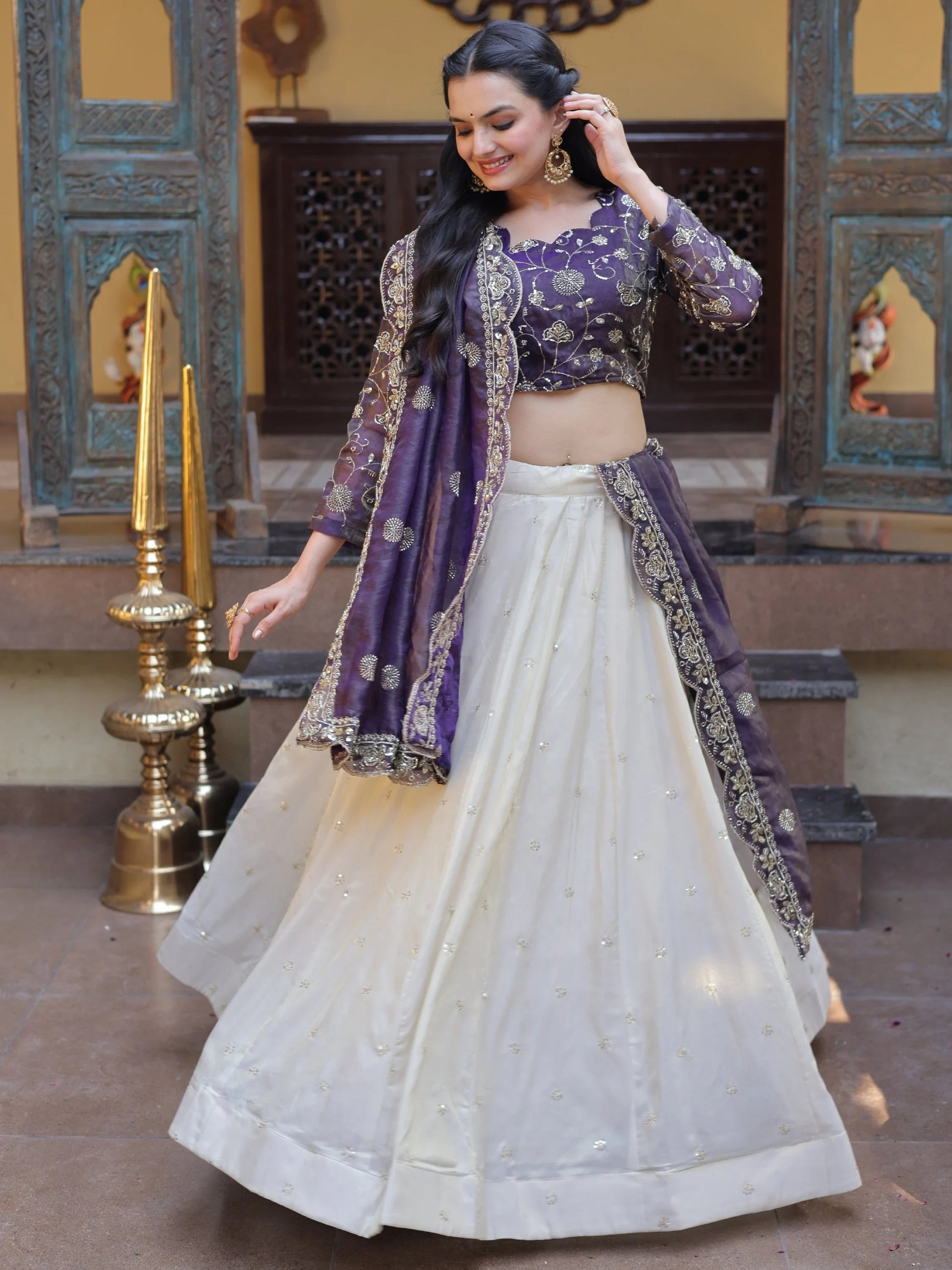 Purple Sparkling Zari Work Silk Engagement Wear Lehenga Choli