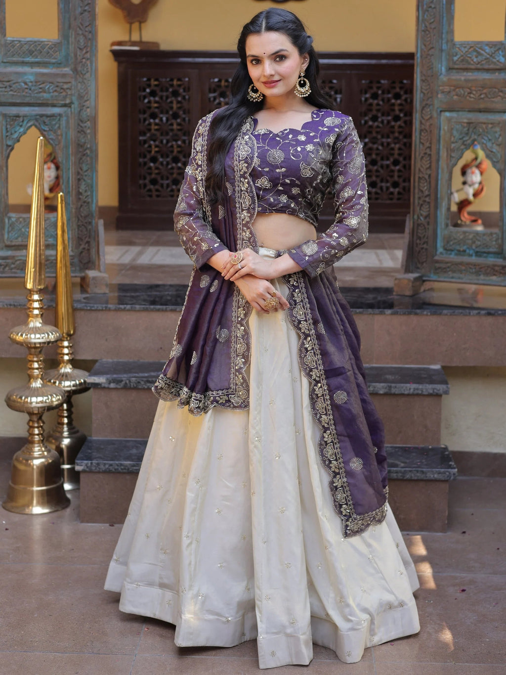 Purple Sparkling Zari Work Silk Engagement Wear Lehenga Choli