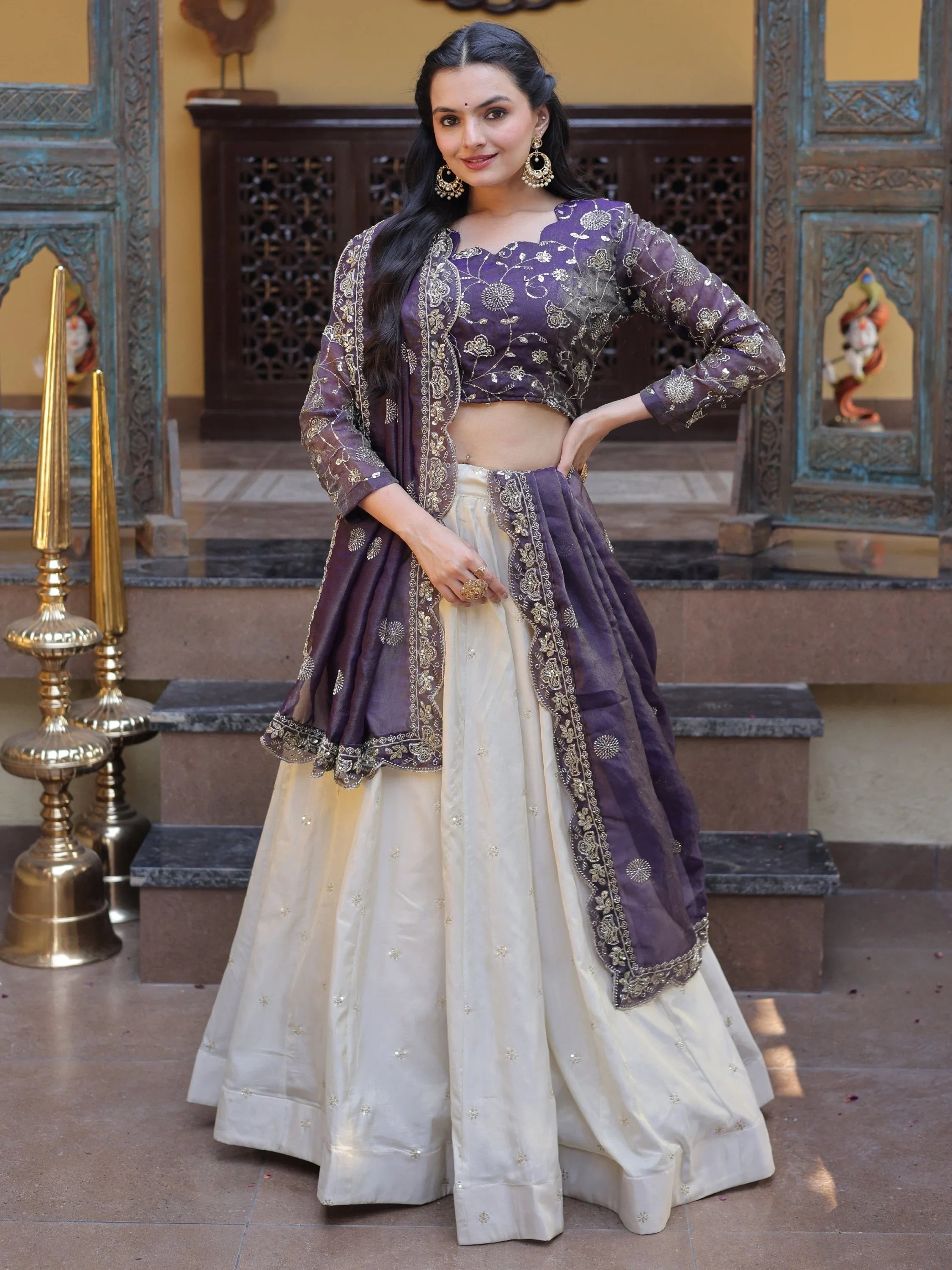 Purple Sparkling Zari Work Silk Engagement Wear Lehenga Choli