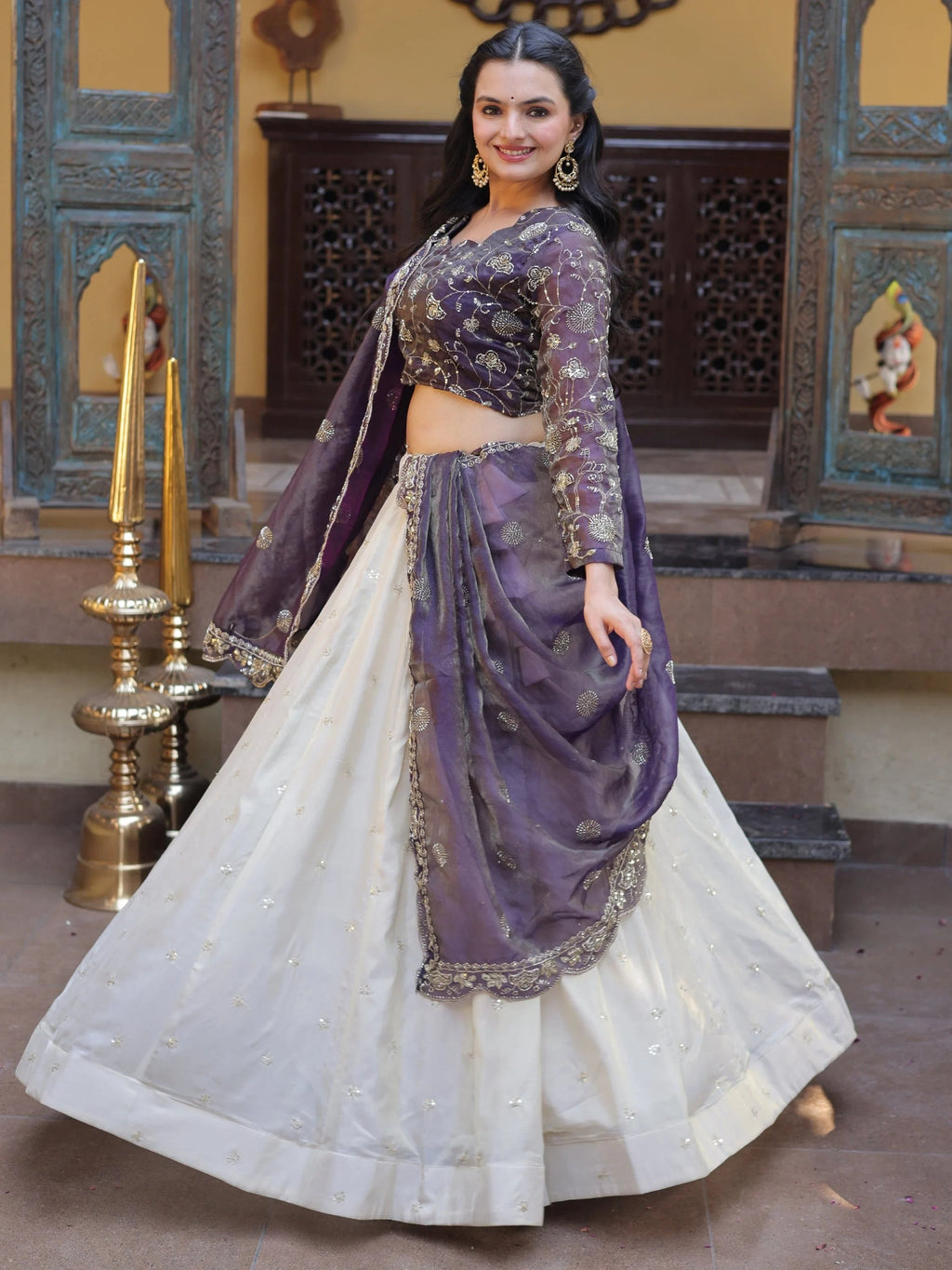 Purple Sparkling Zari Work Silk Engagement Wear Lehenga Choli