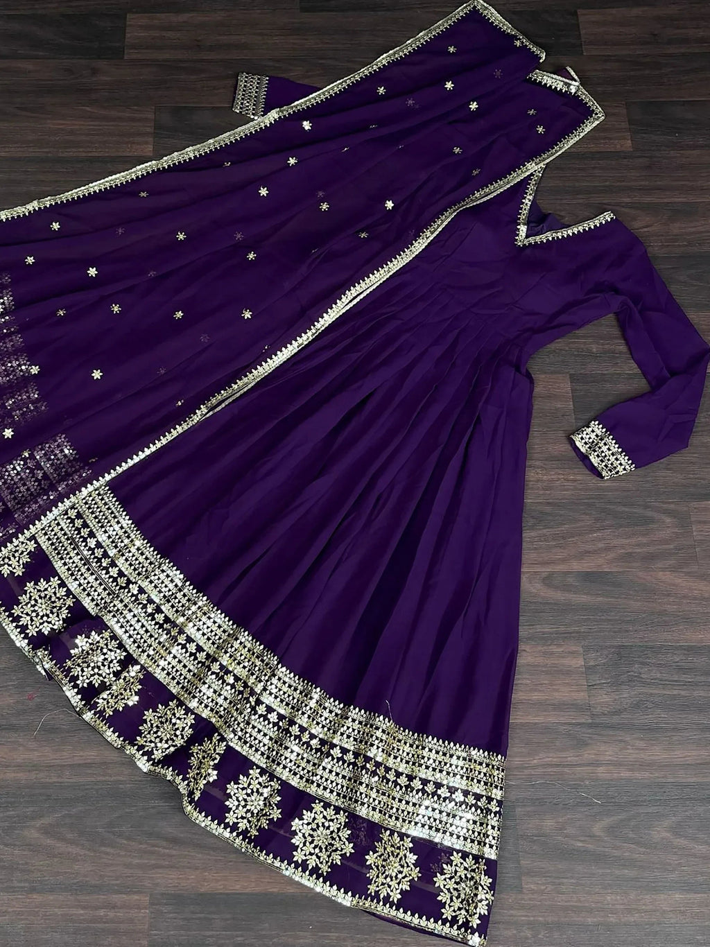 Fabulous Purple Sequins Georgette Reception Wear Gown With Dupatta