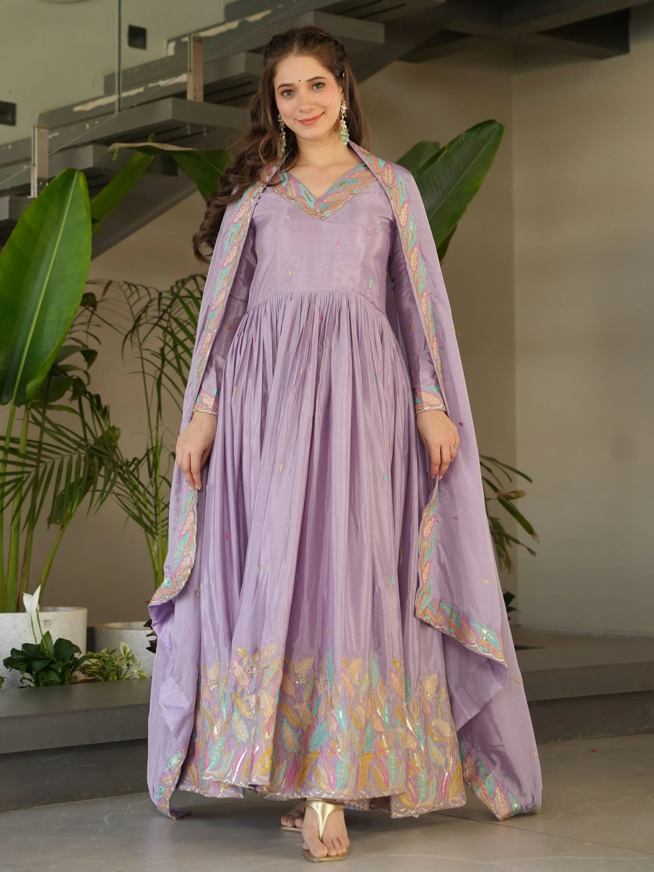 Adorning Lavender Sequins Embroidered Chinon Gown With Dupatta