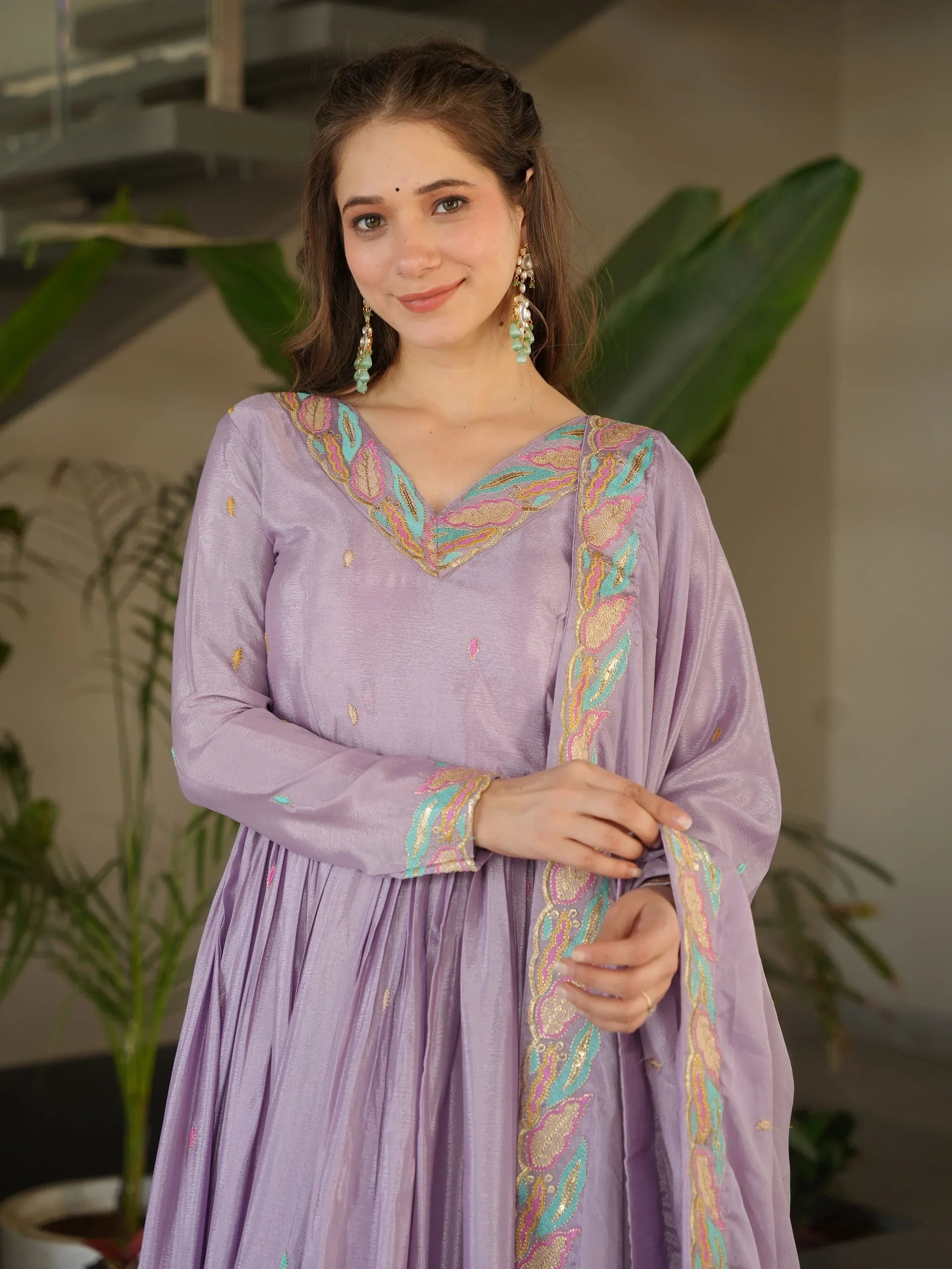 Adorning Lavender Sequins Embroidered Chinon Gown With Dupatta
