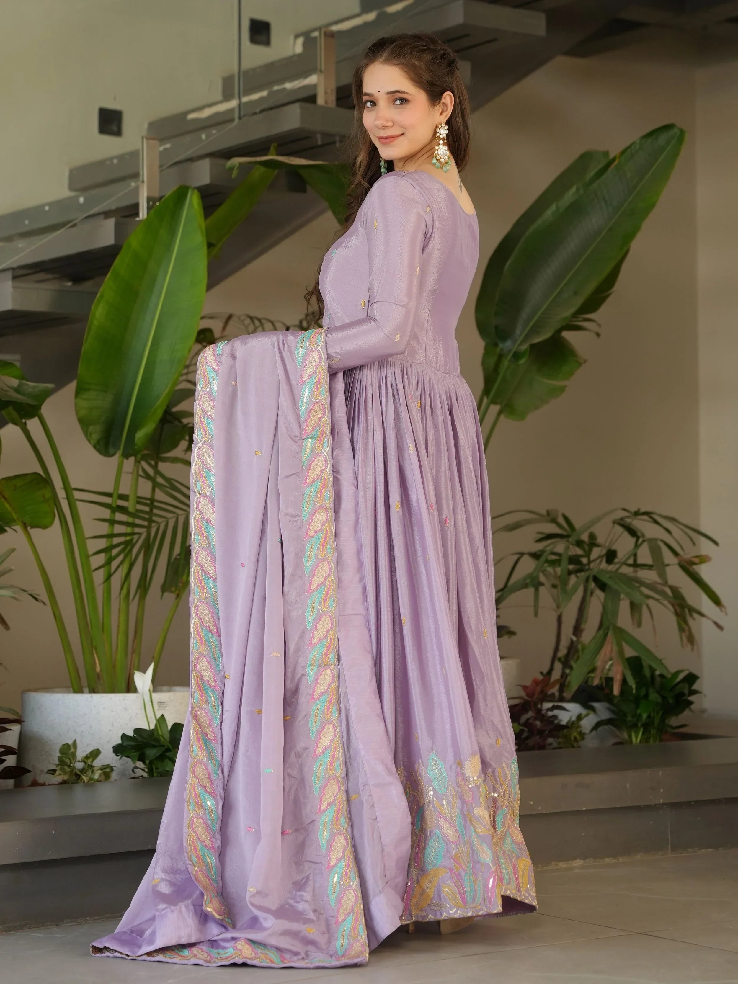 Adorning Lavender Sequins Embroidered Chinon Gown With Dupatta