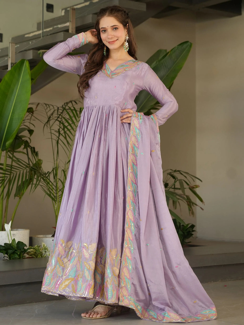 Adorning Lavender Sequins Embroidered Chinon Gown With Dupatta