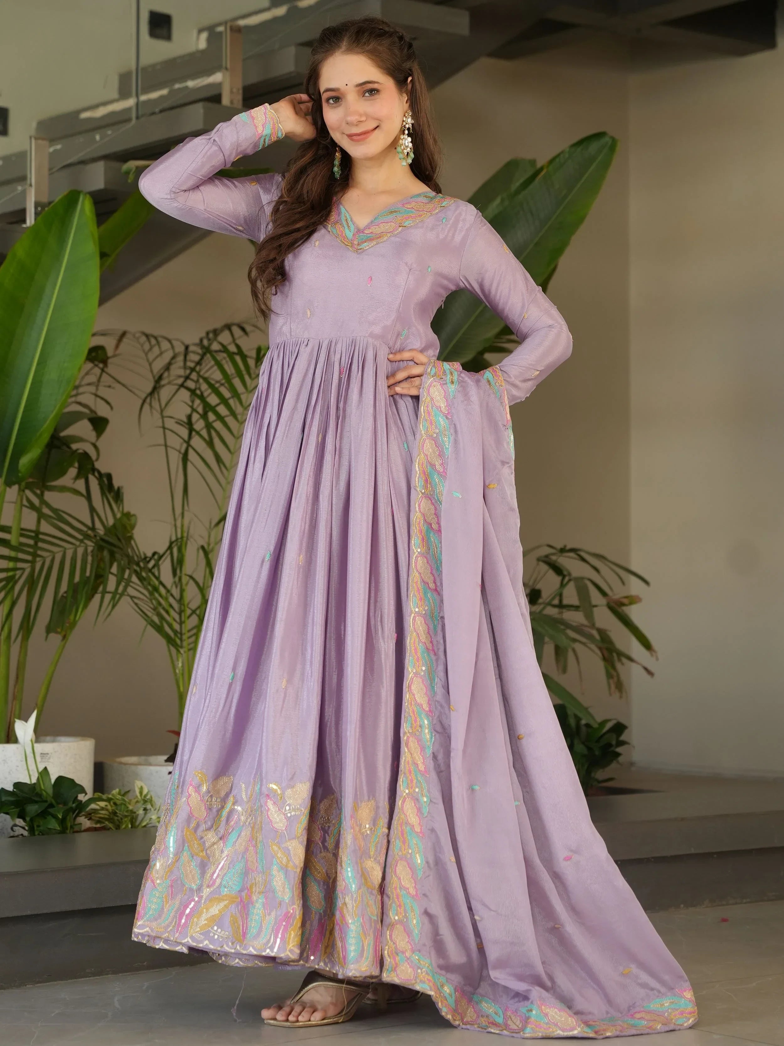 Adorning Lavender Sequins Embroidered Chinon Gown With Dupatta