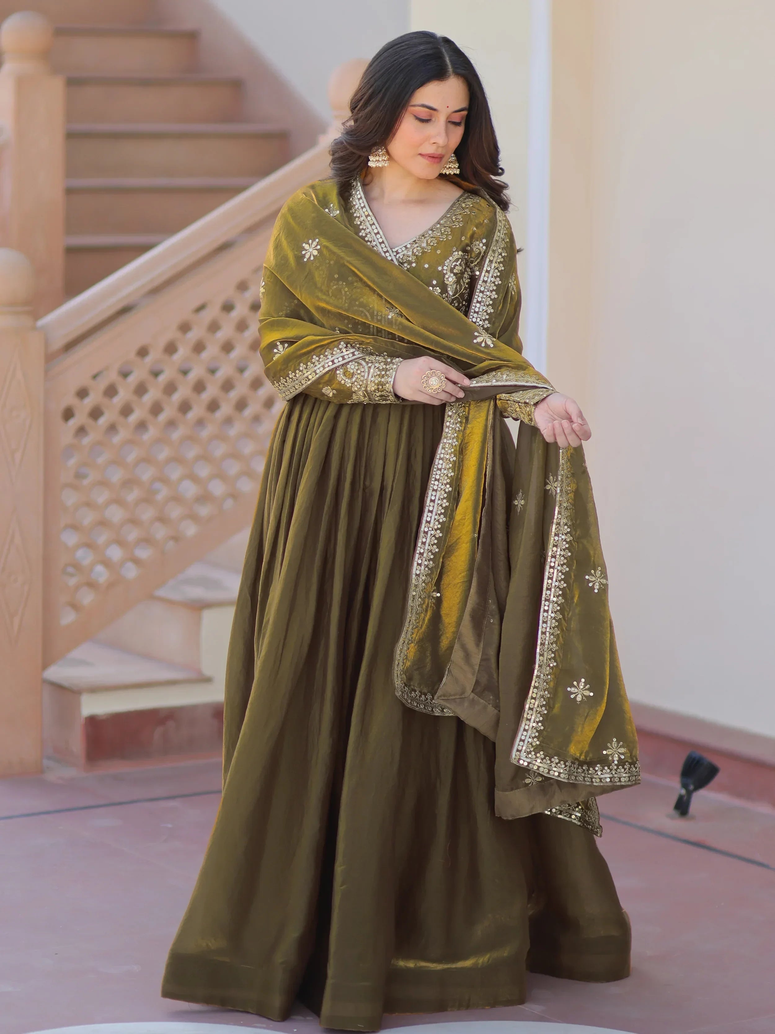 Green Memorable Mehendi Sequins Embroidery Organza Festive Wear Gown