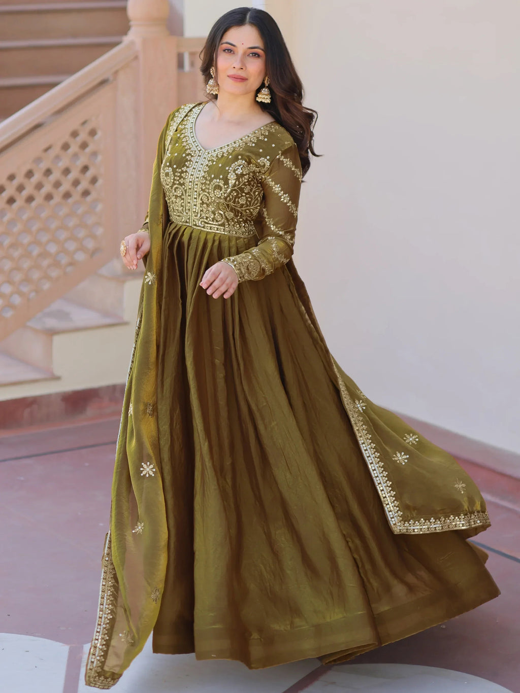 Green Memorable Mehendi Sequins Embroidery Organza Festive Wear Gown