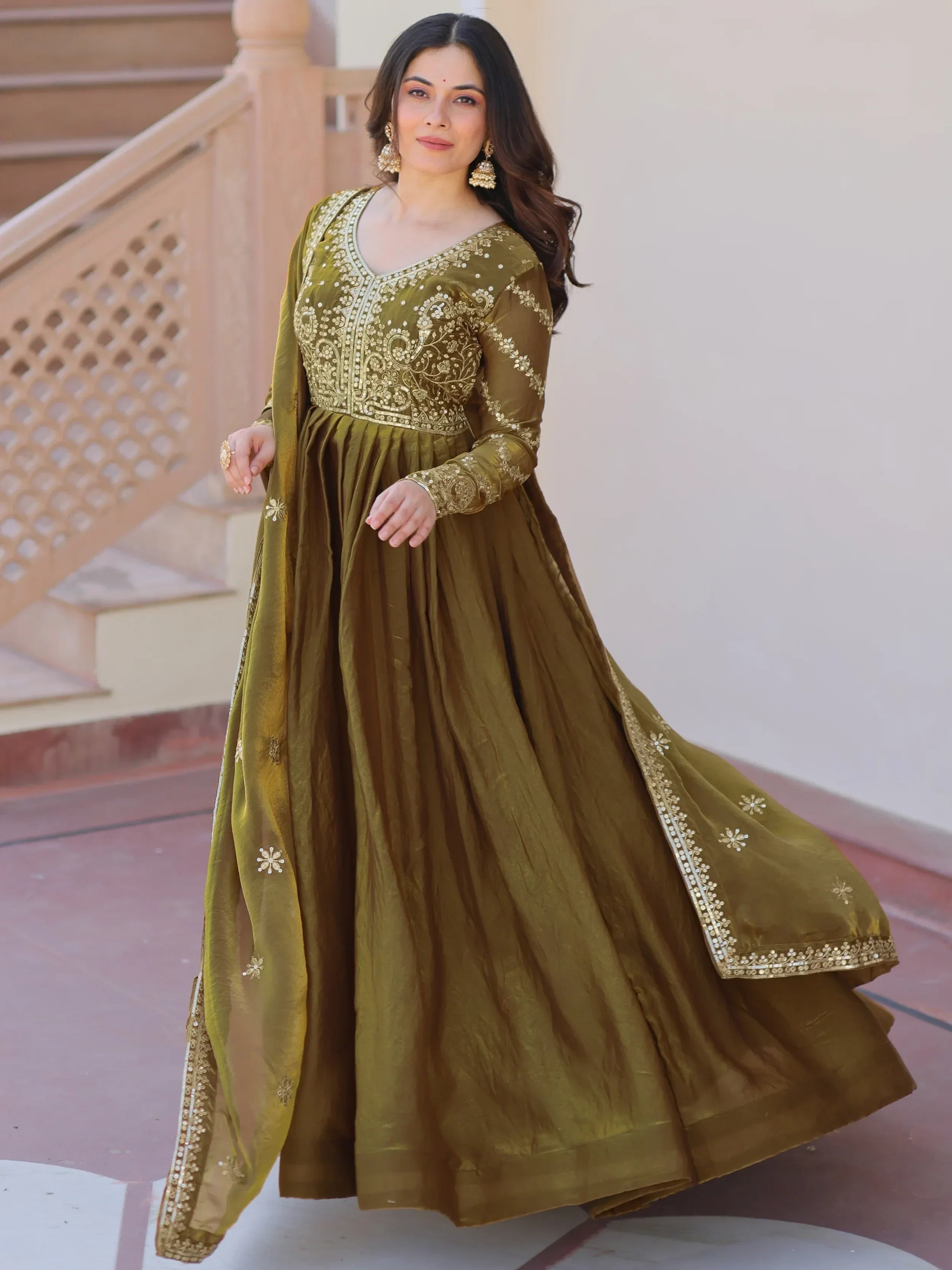 Green Memorable Mehendi Sequins Embroidery Organza Festive Wear Gown