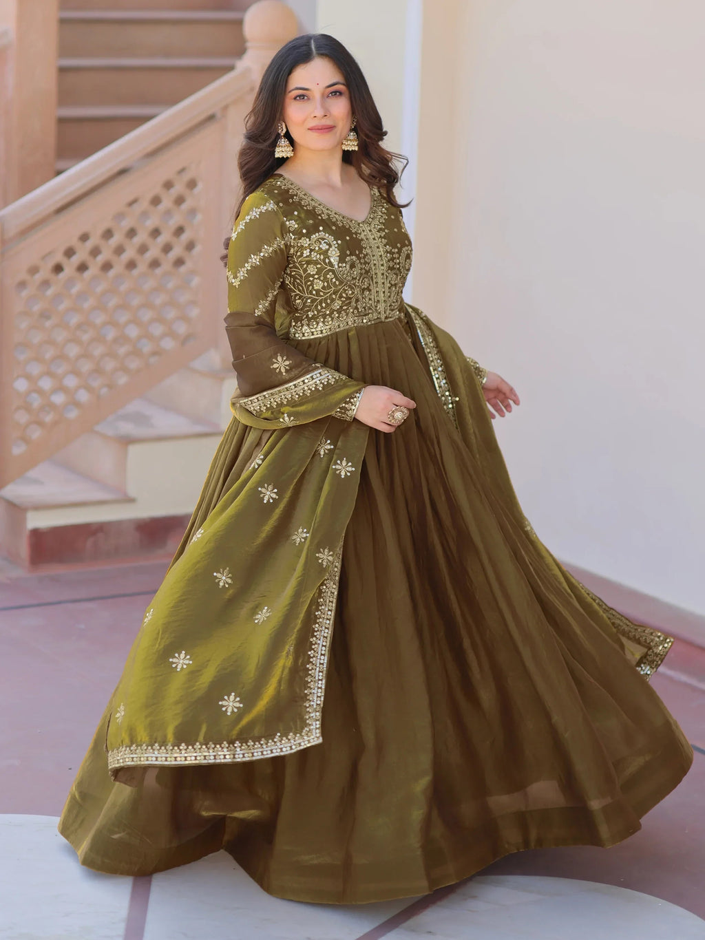 Green Memorable Mehendi Sequins Embroidery Organza Festive Wear Gown